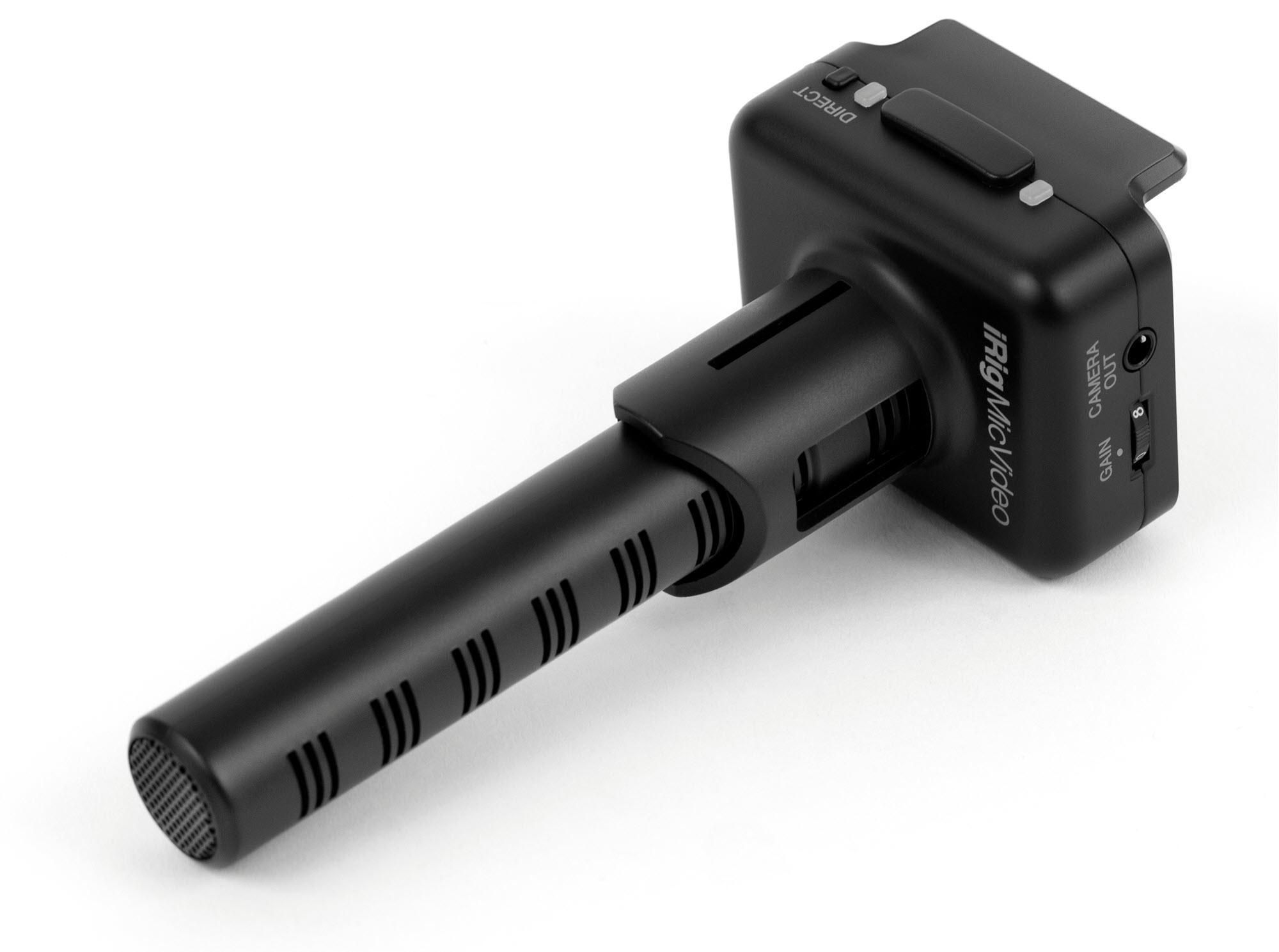 Un microfono nero con scritta "iRig Mic Video" e controlli.