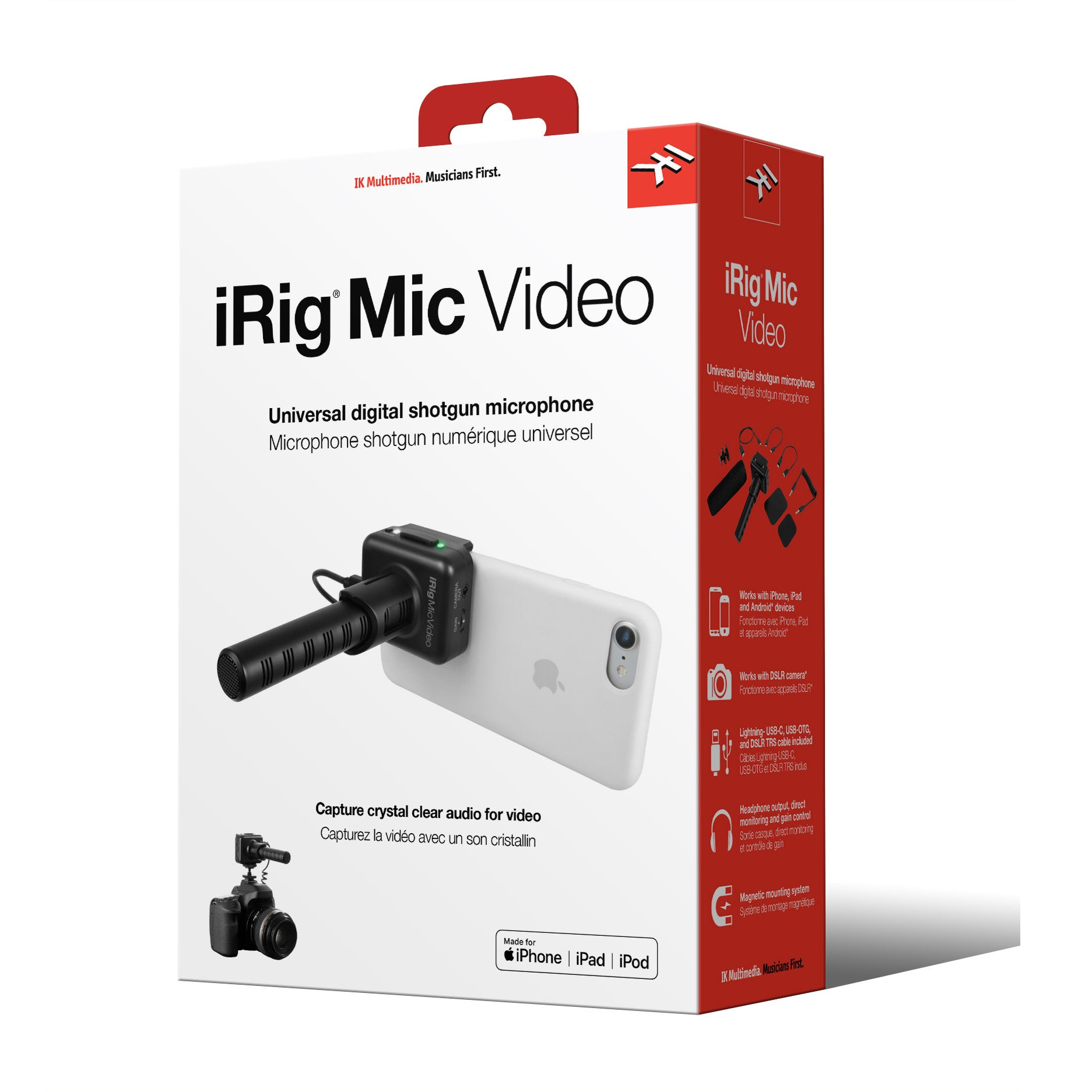 Confezione iRig Mic Video con microfono su iPhone e fotocamera mostrati.