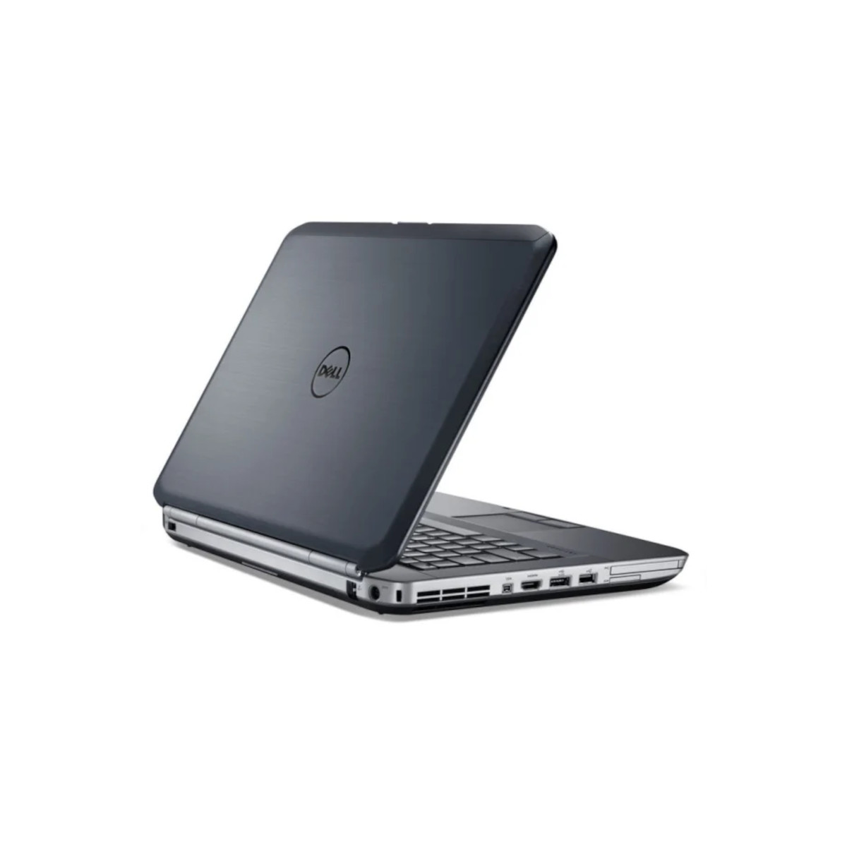 Ein geöffneter grauer Dell Laptop auf weißem Hintergrund. Der Deckel ist nach hinten geklappt.