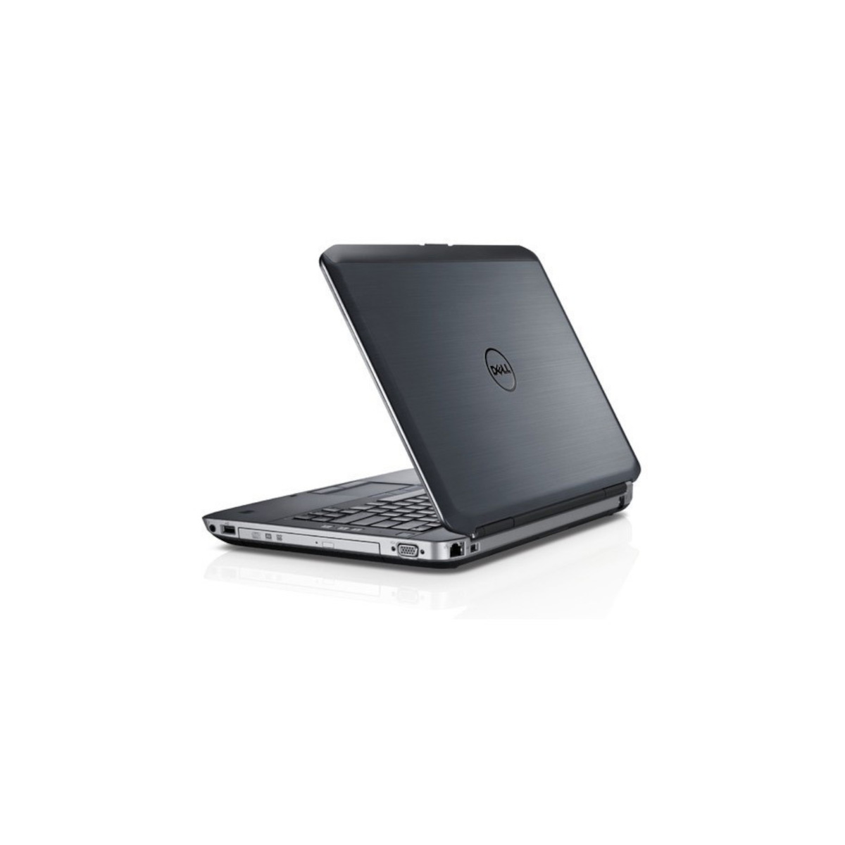 Ein geschlossener grauer Dell Laptop mit Logo auf dem Deckel.