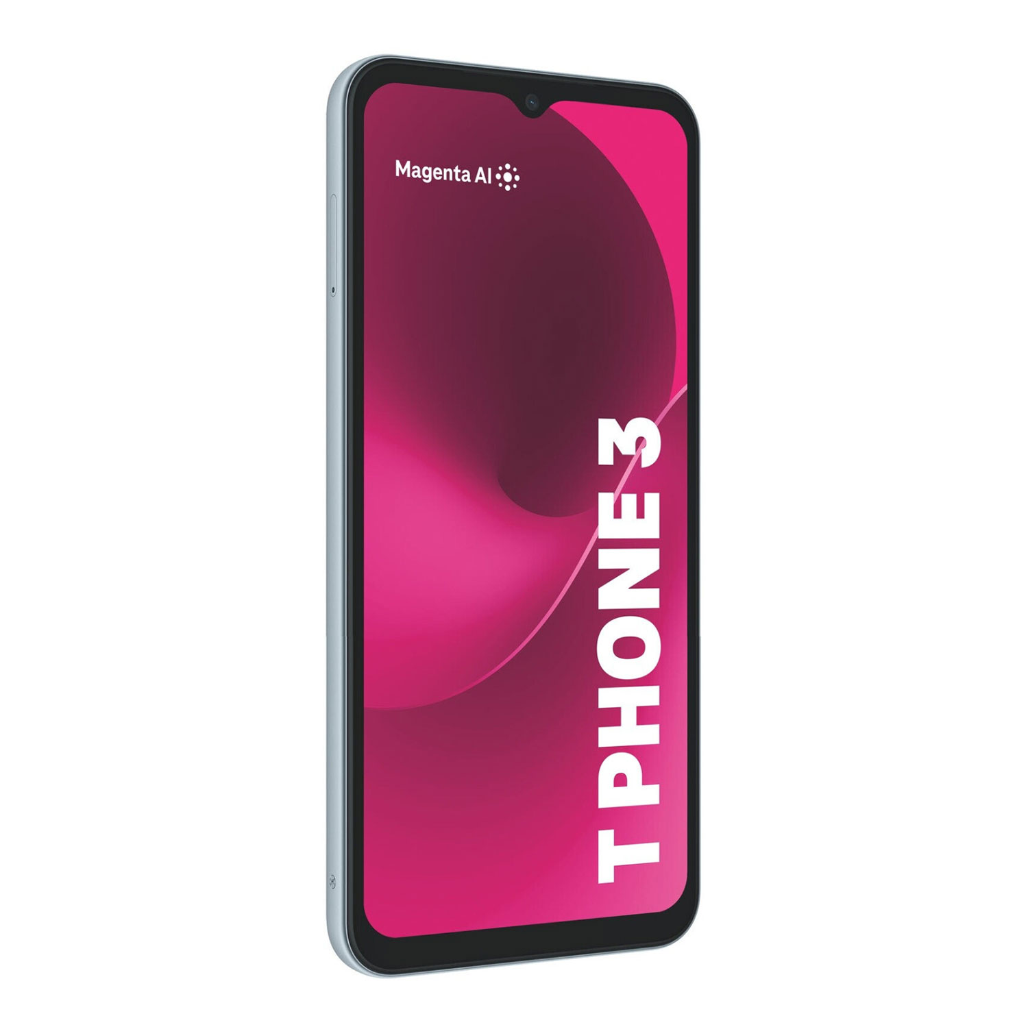 Uno smartphone azzurro che mostra T PHONE 3 e testo Magenta AI.