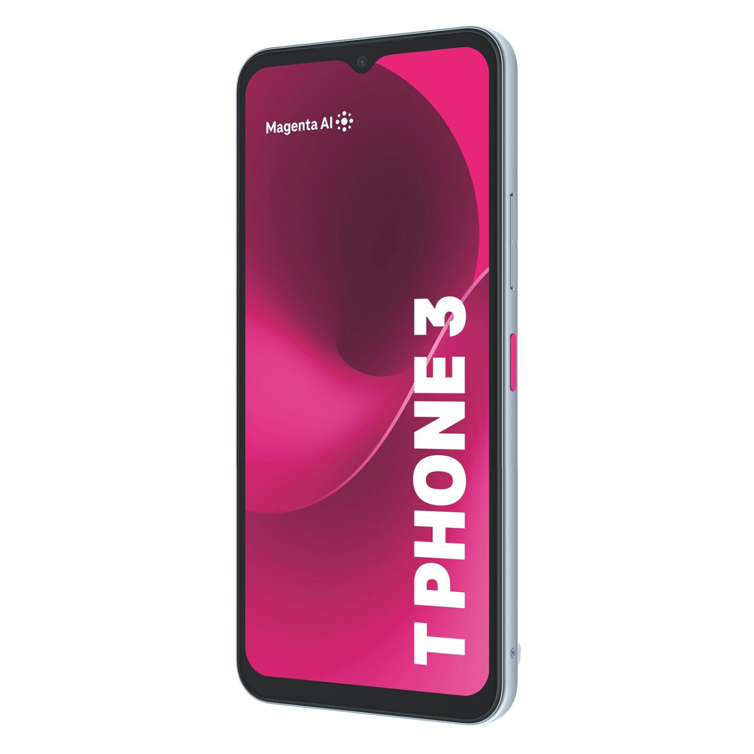 Uno smartphone azzurro mostra uno sfondo rosa con la scritta T PHONE 3.
