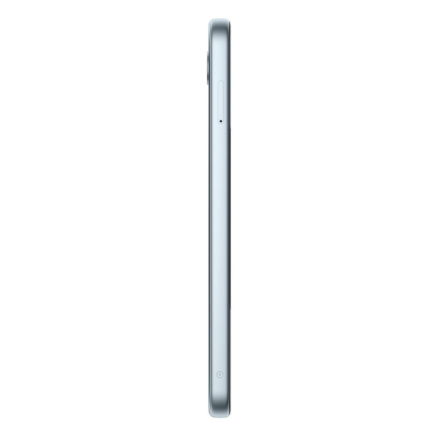 Vista laterale di uno smartphone azzurro con slot SIM e foro microfono.