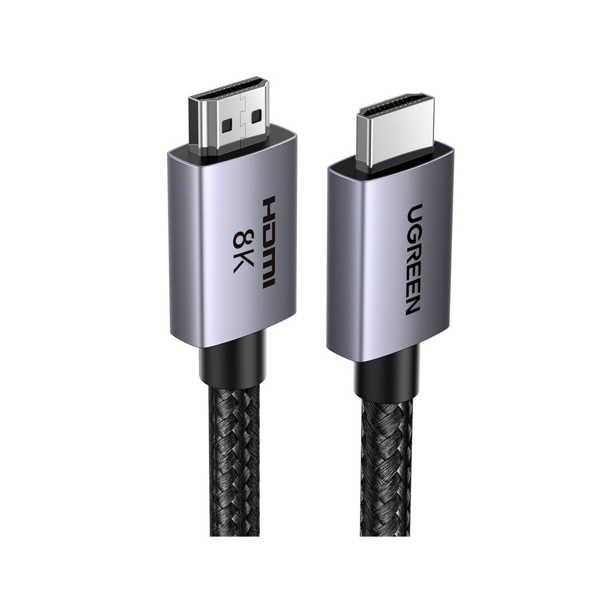 Gri konektörlü ve siyah örgülü kablolu iki HDMI kablosu.