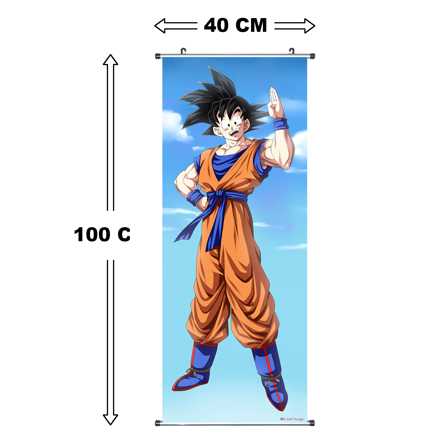 Goku in orange und blau, winkt mit erhobener Hand vor blauem Himmel.