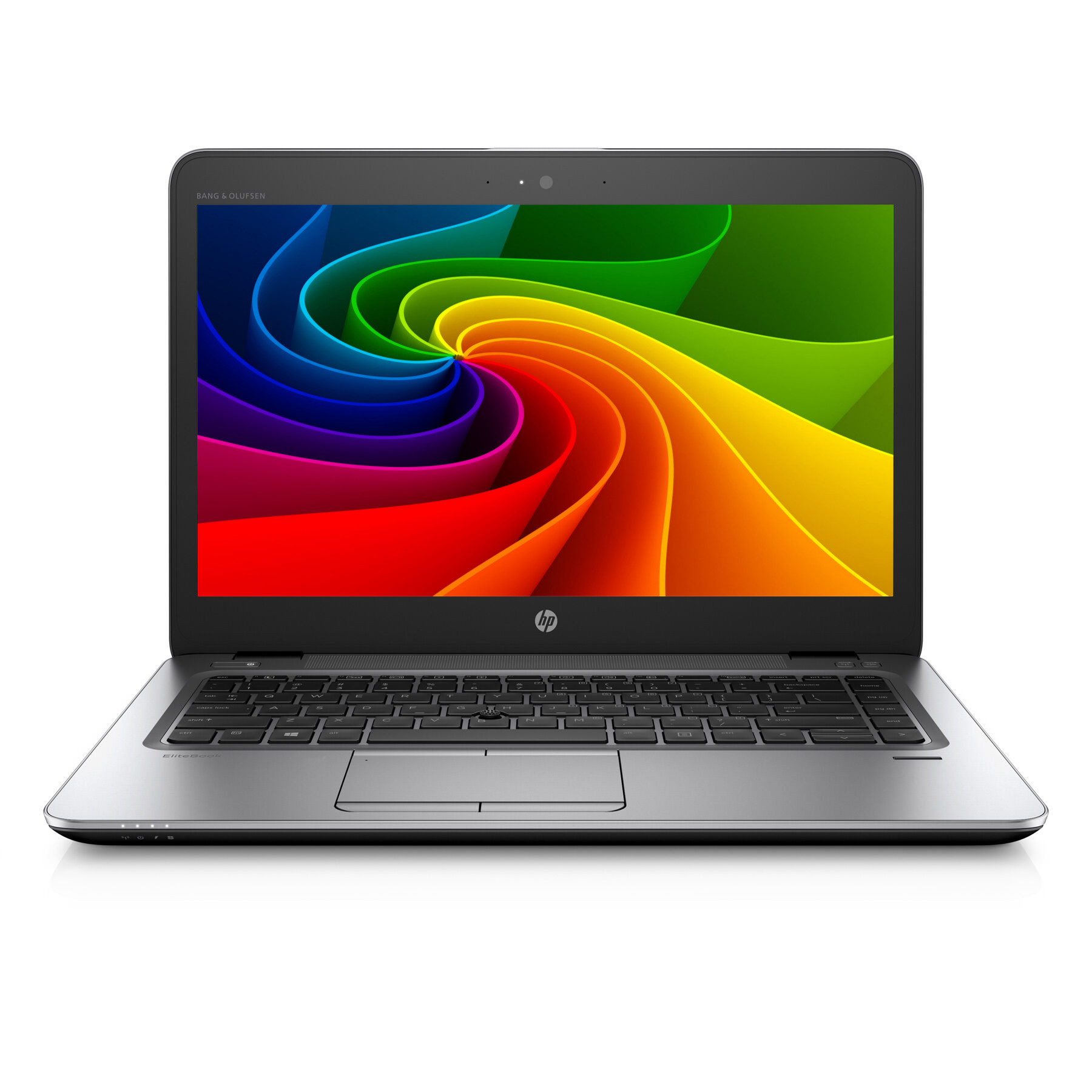 Ein offener Laptop mit bunter Tapete zeigt ein Regenbogenmuster.