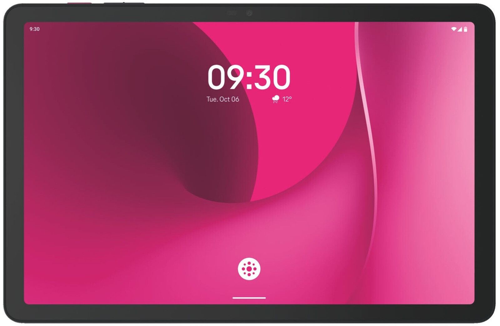Ein Tablet zeigt 09:30, Dienstag, 6. Okt. mit einer Wetteranzeige von 12°.