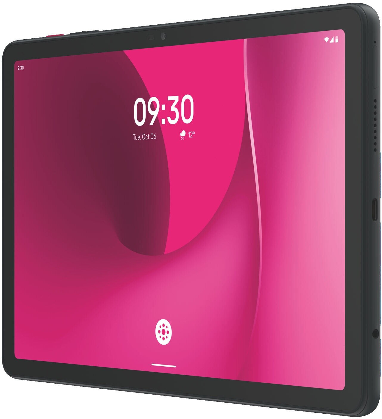 Ein schwarzes Tablet mit rosa Hintergrund und Uhrzeit 09:30.