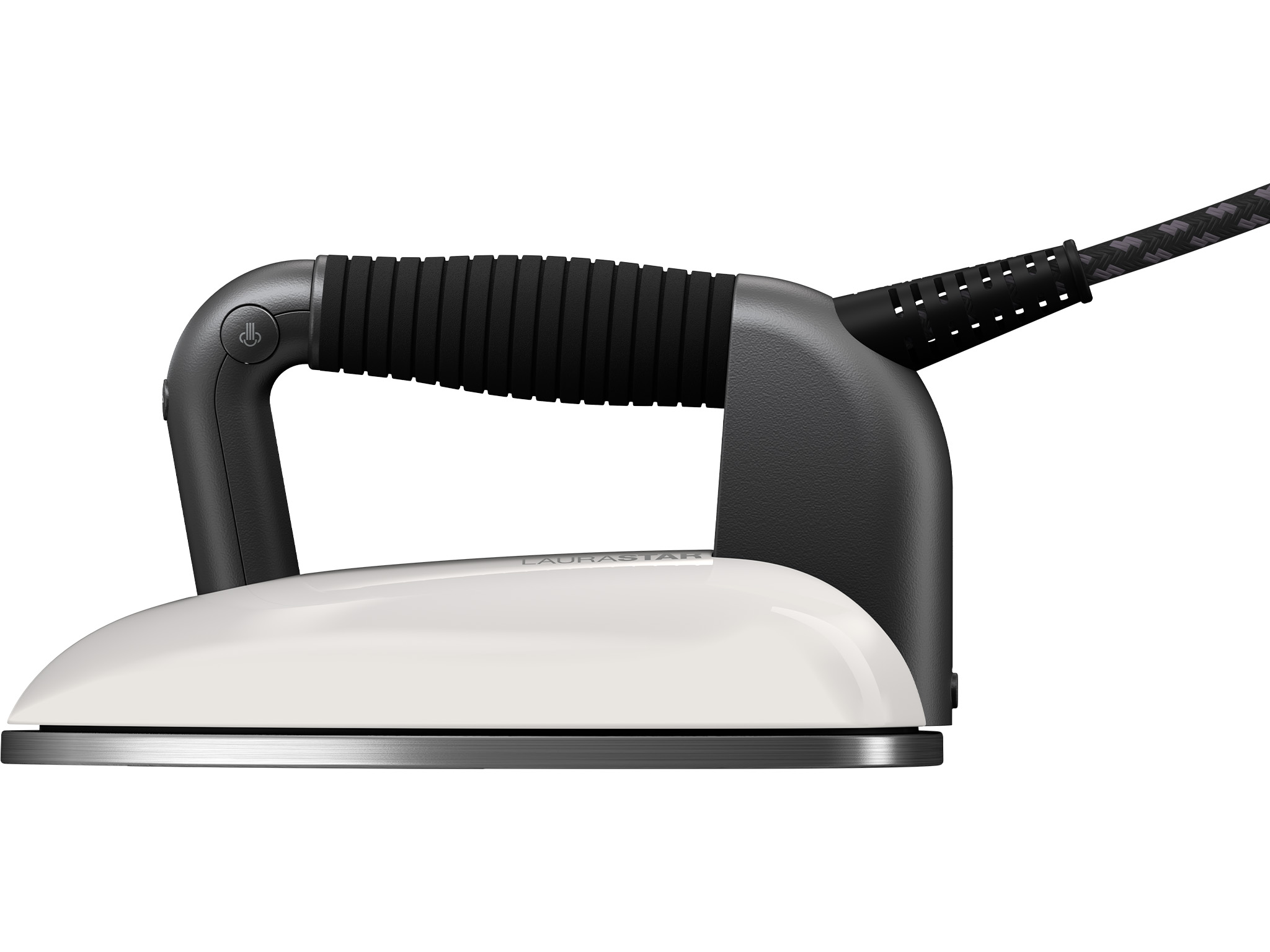 A white iron sole with a black handle and cord.