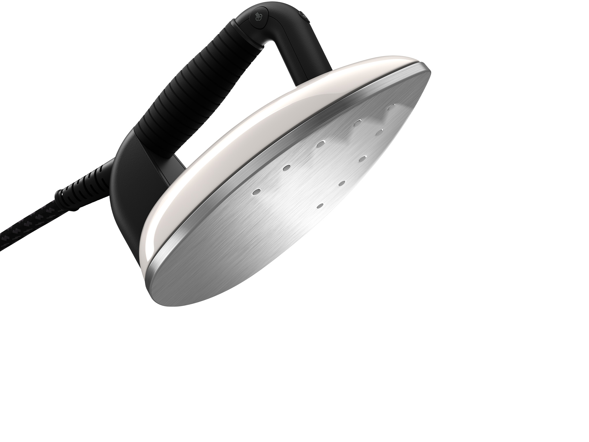 A modern iron with a silver soleplate and black handle, shown against a white background.