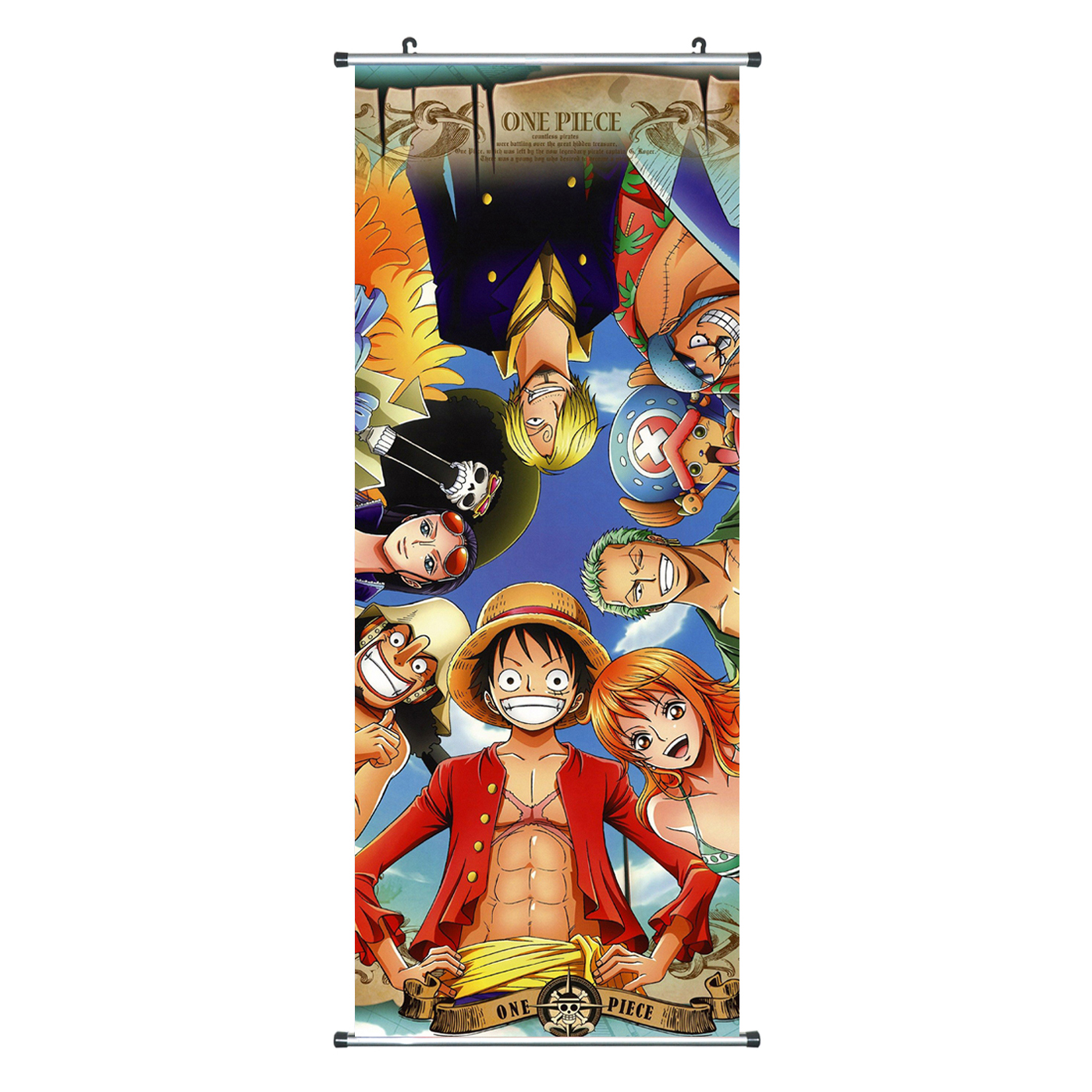 Anime-Poster mit Anime-Charakteren, darunter Luffy, Nami und Sanji.
