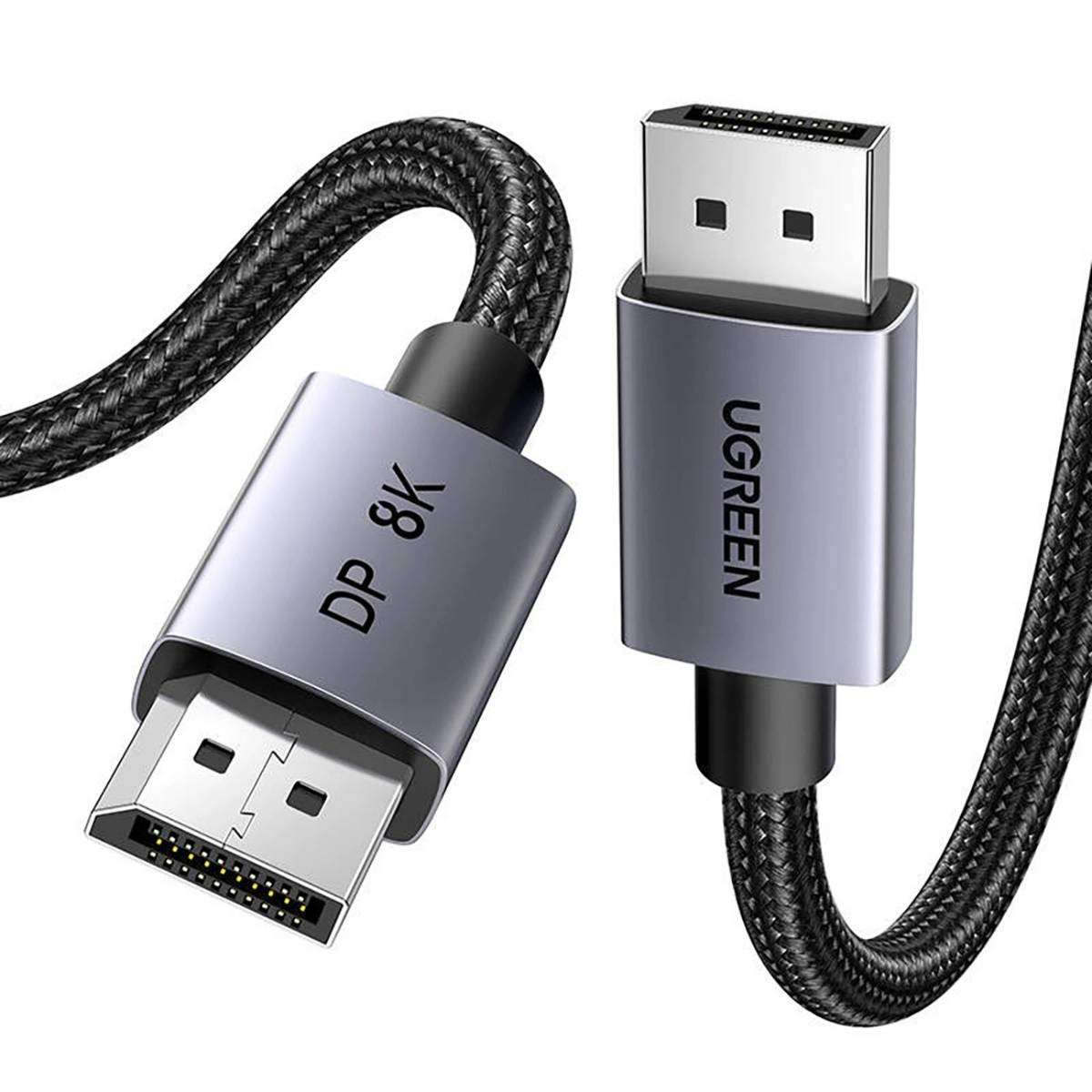 Cavo UGREEN DisplayPort 8K con connettori argentati e cavo intrecciato nero.