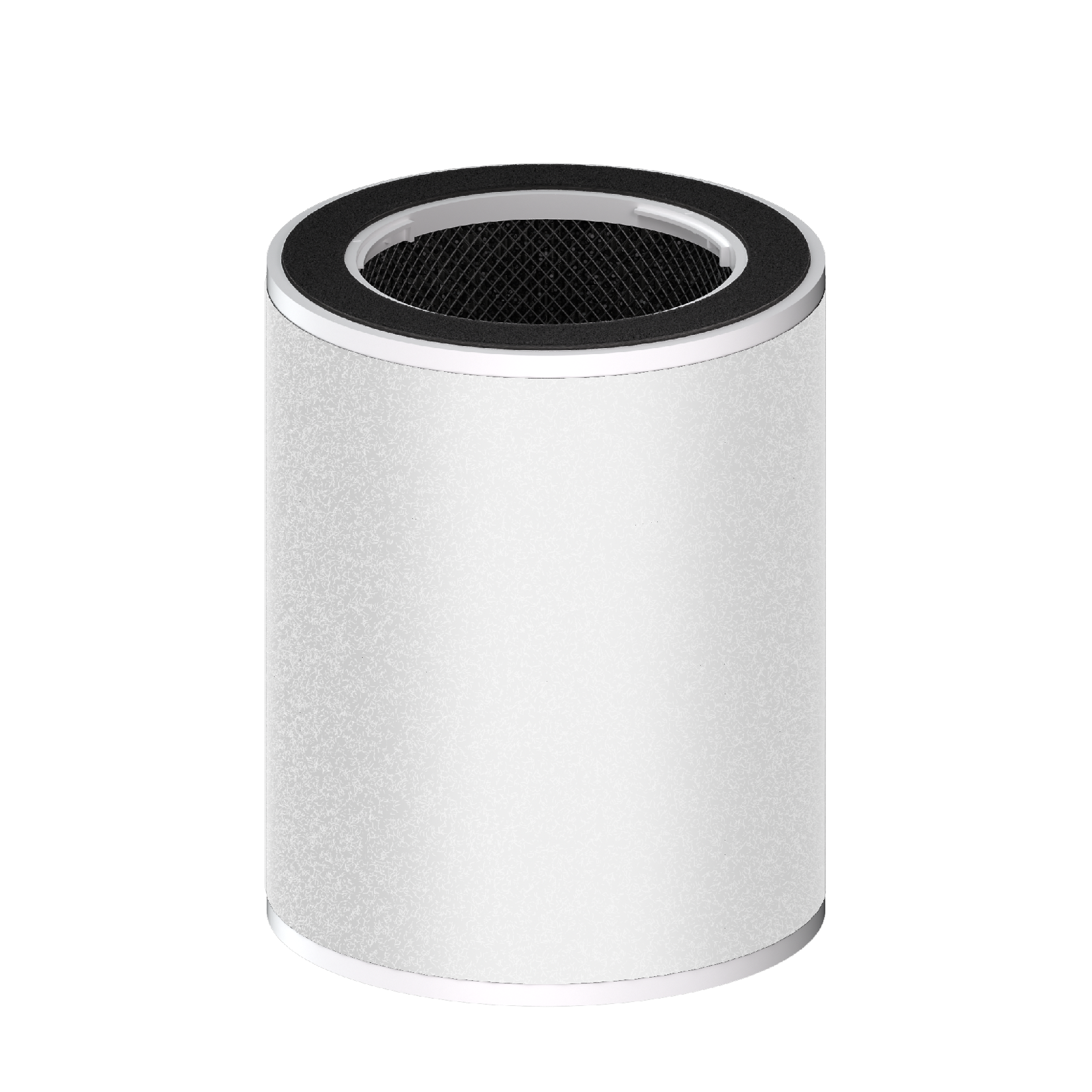 Filtre à air cylindrique blanc avec un bord noir et une grille visible à l'intérieur.
