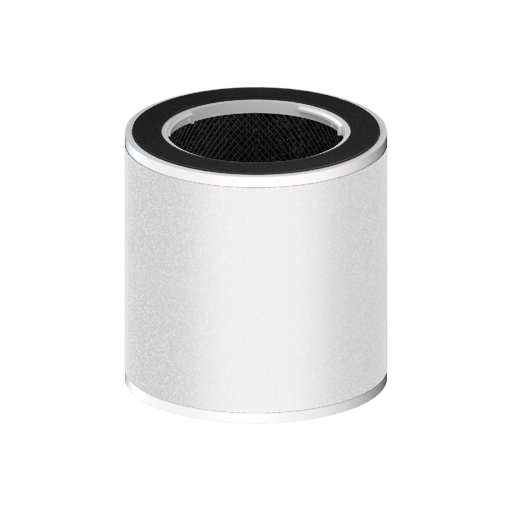 Ein zylindrischer Luftfilter mit silbernem Gehäuse und schwarzem Oberrand.