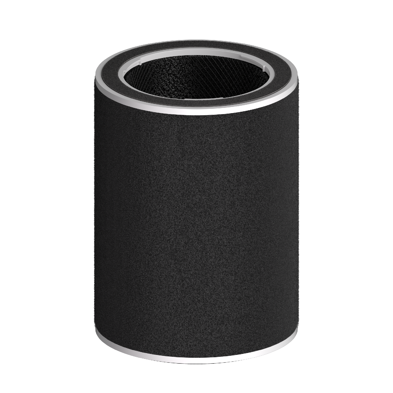 Un filtre à air cylindrique noir avec des anneaux argentés en haut et en bas.