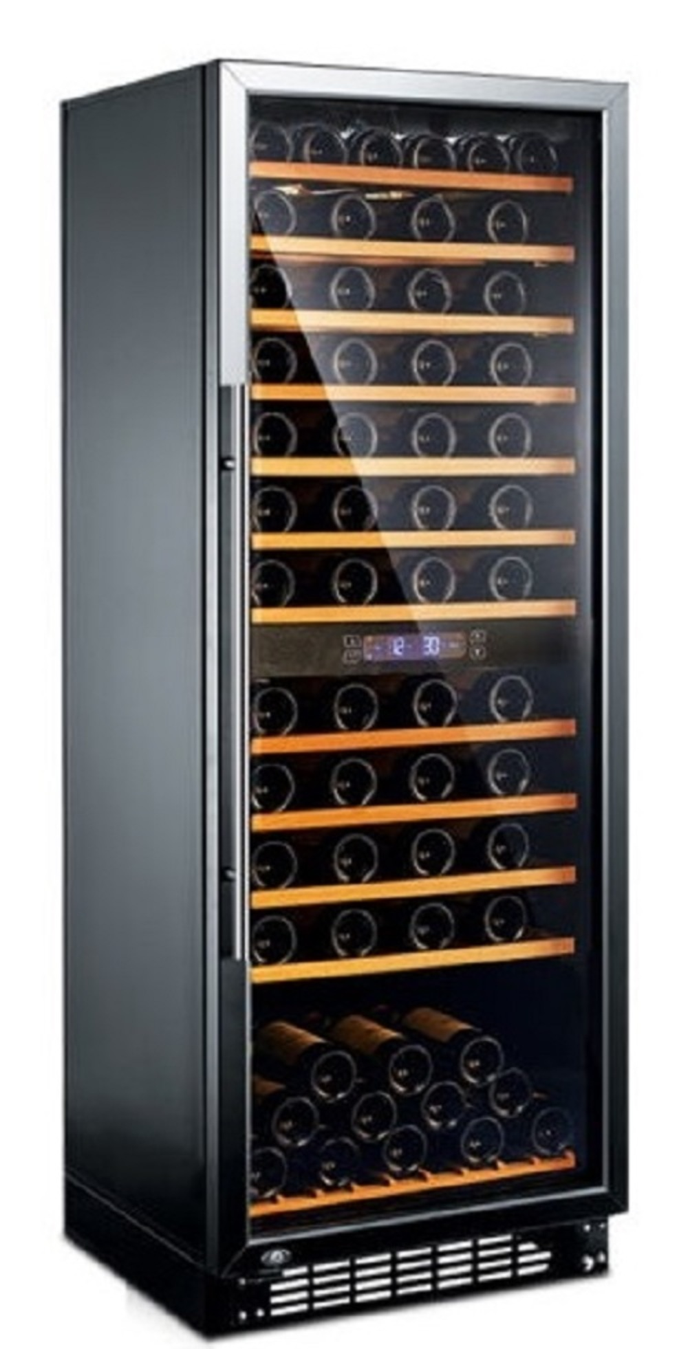 A black wine cooler with a glass door, filled with wine bottles on wooden shelves.