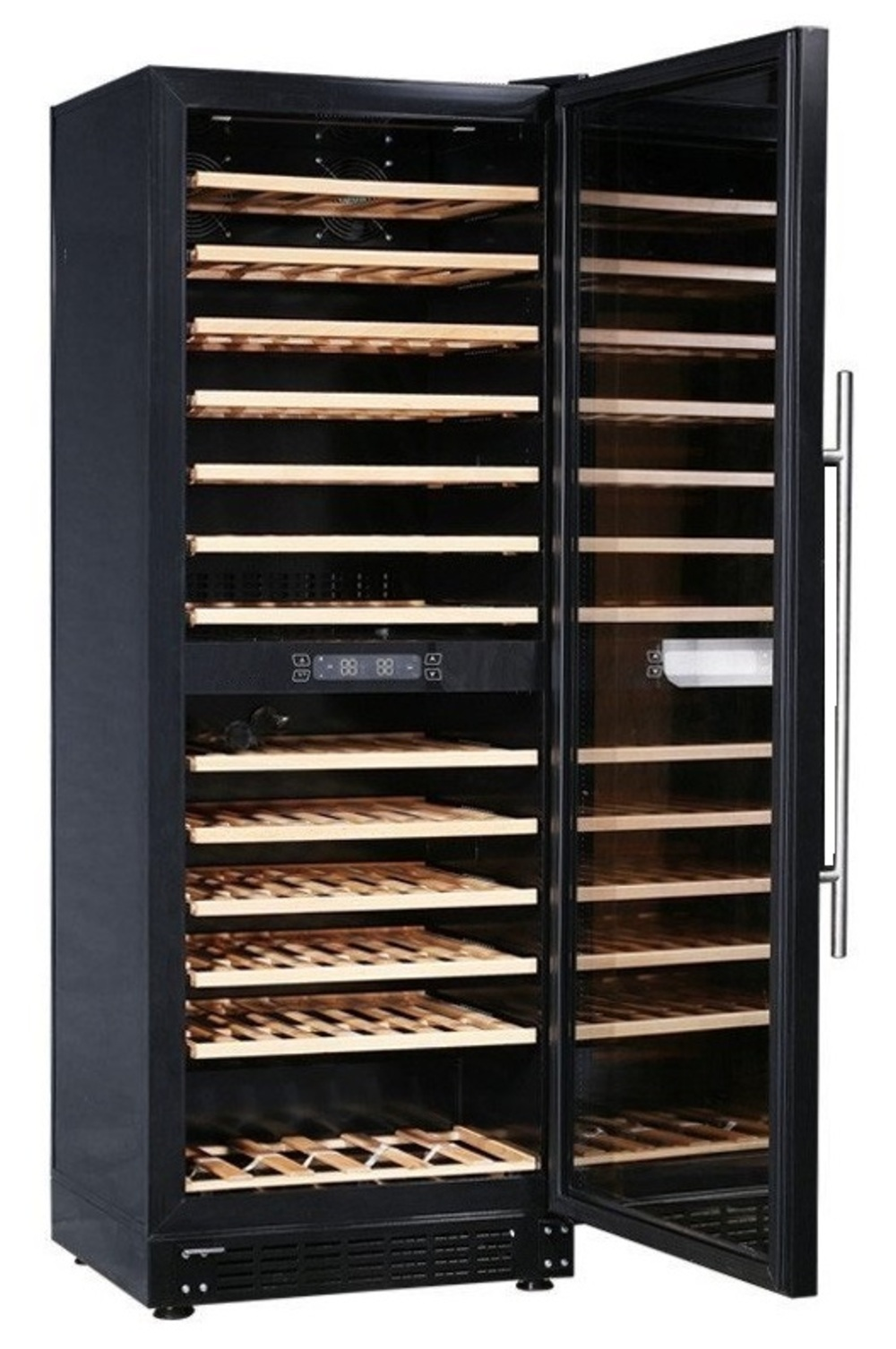 Black wine cooler with glass door and wooden shelves. Open door, white handles.