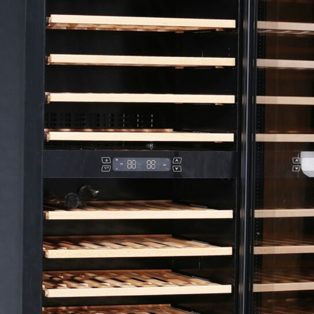 A wine cooler with wooden shelves and a digital temperature display.