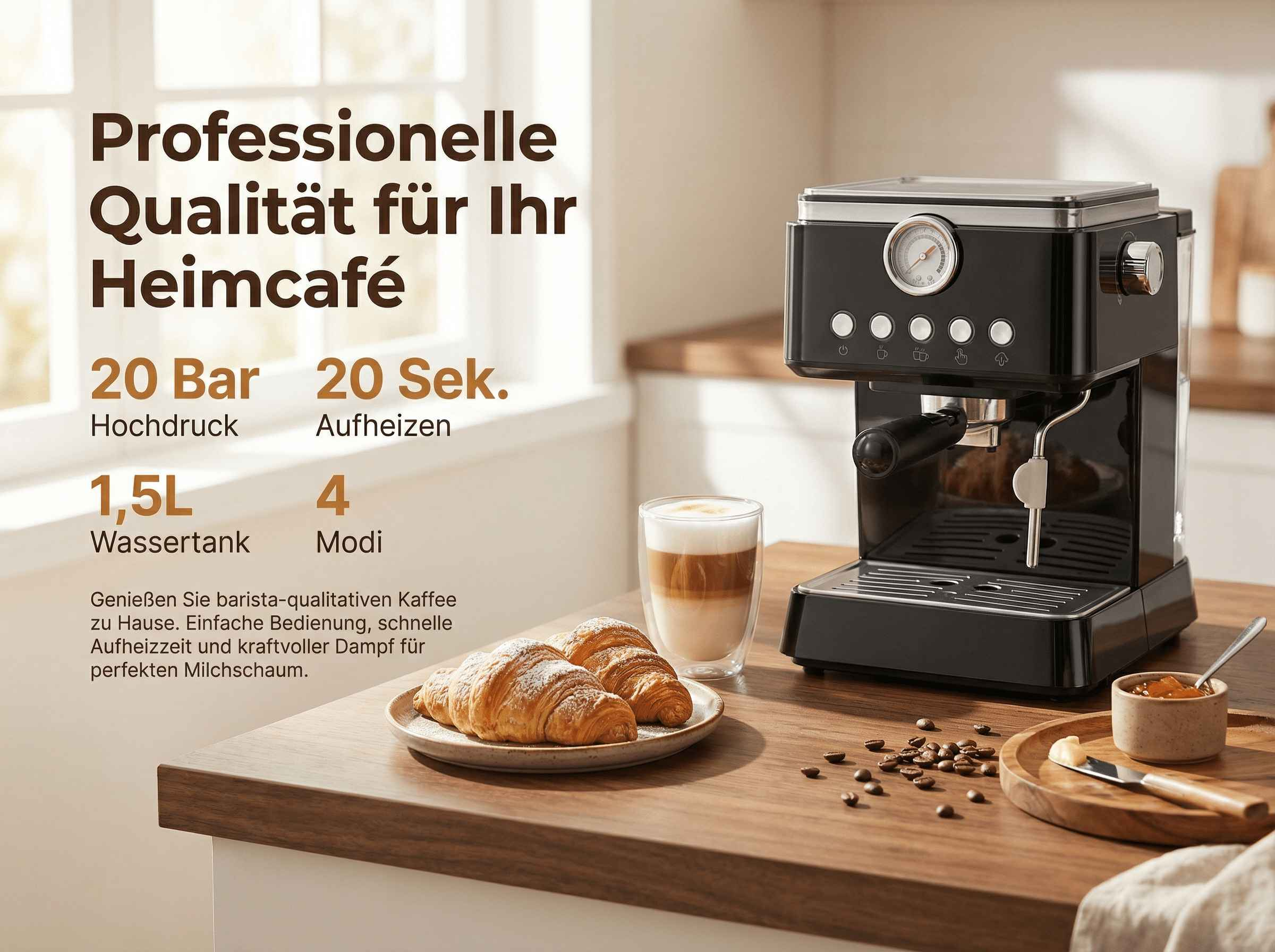 Eine schwarze Espressomaschine mit Croissants und Kaffee auf einem Holztisch.