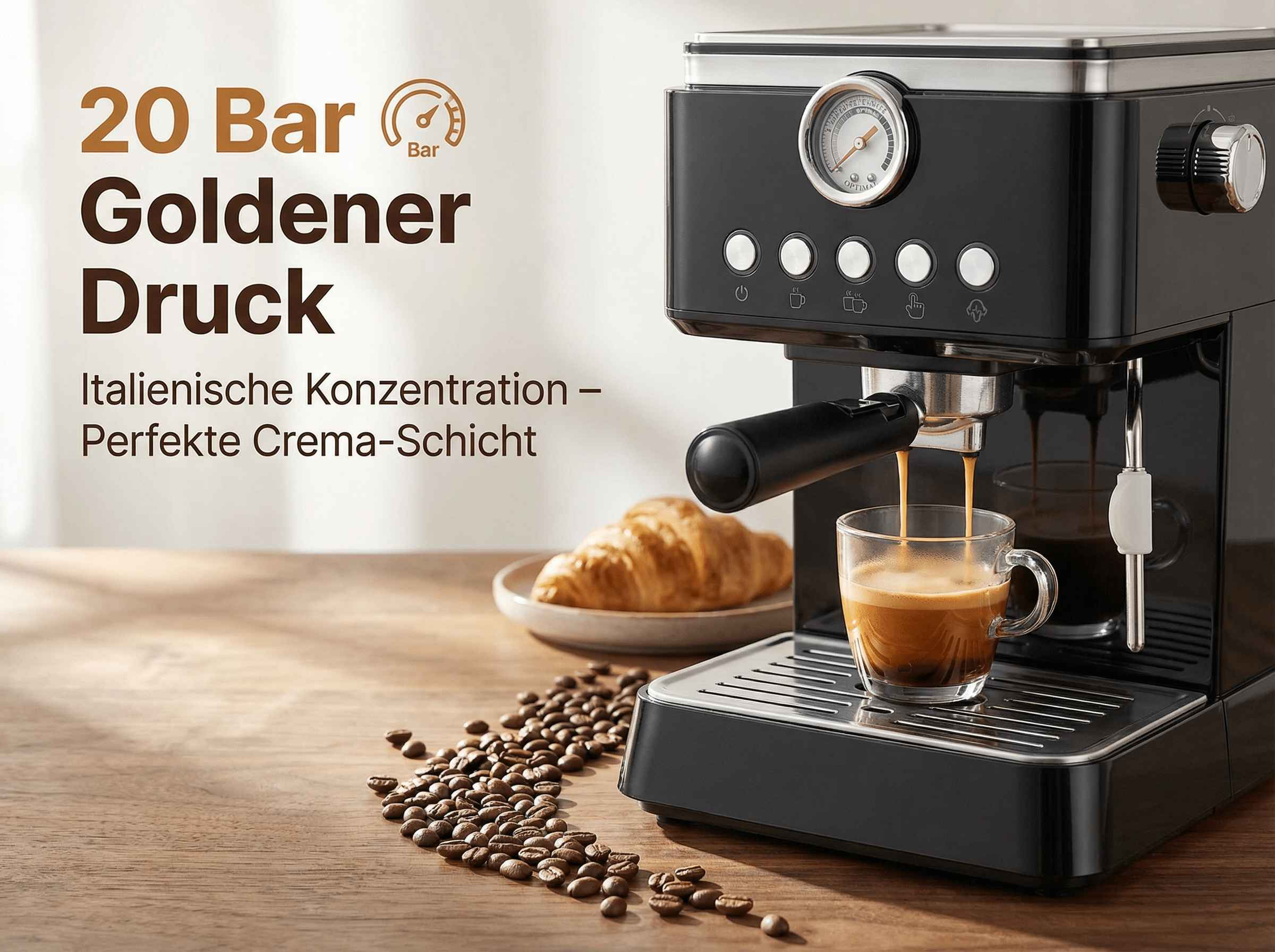 Eine schwarze Espressomaschine brüht Kaffee in eine Tasse. Bohnen und Croissant liegen daneben.