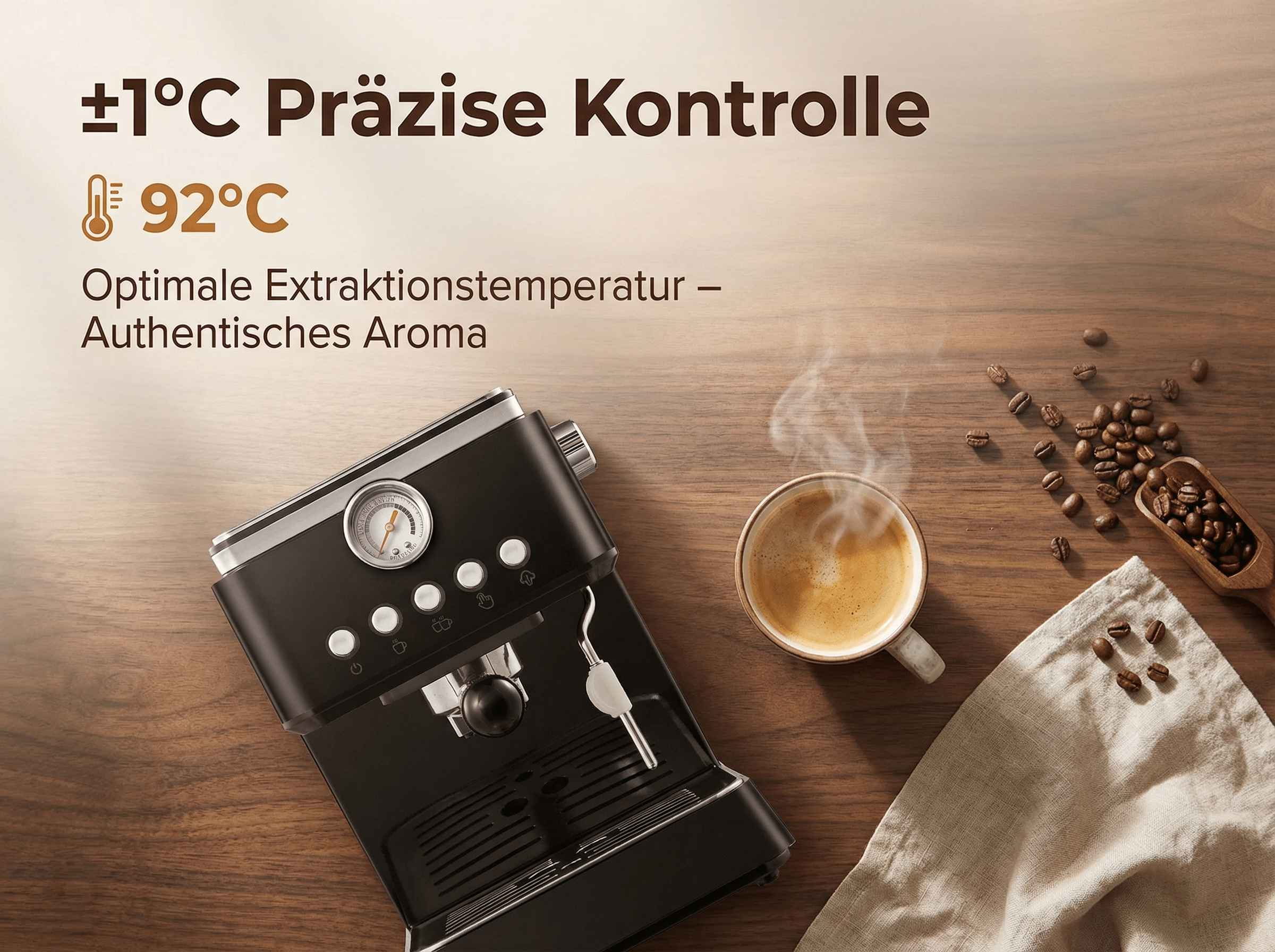 Eine Espressomaschine mit einer Tasse Kaffee, Kaffeebohnen und Leinentuch.
