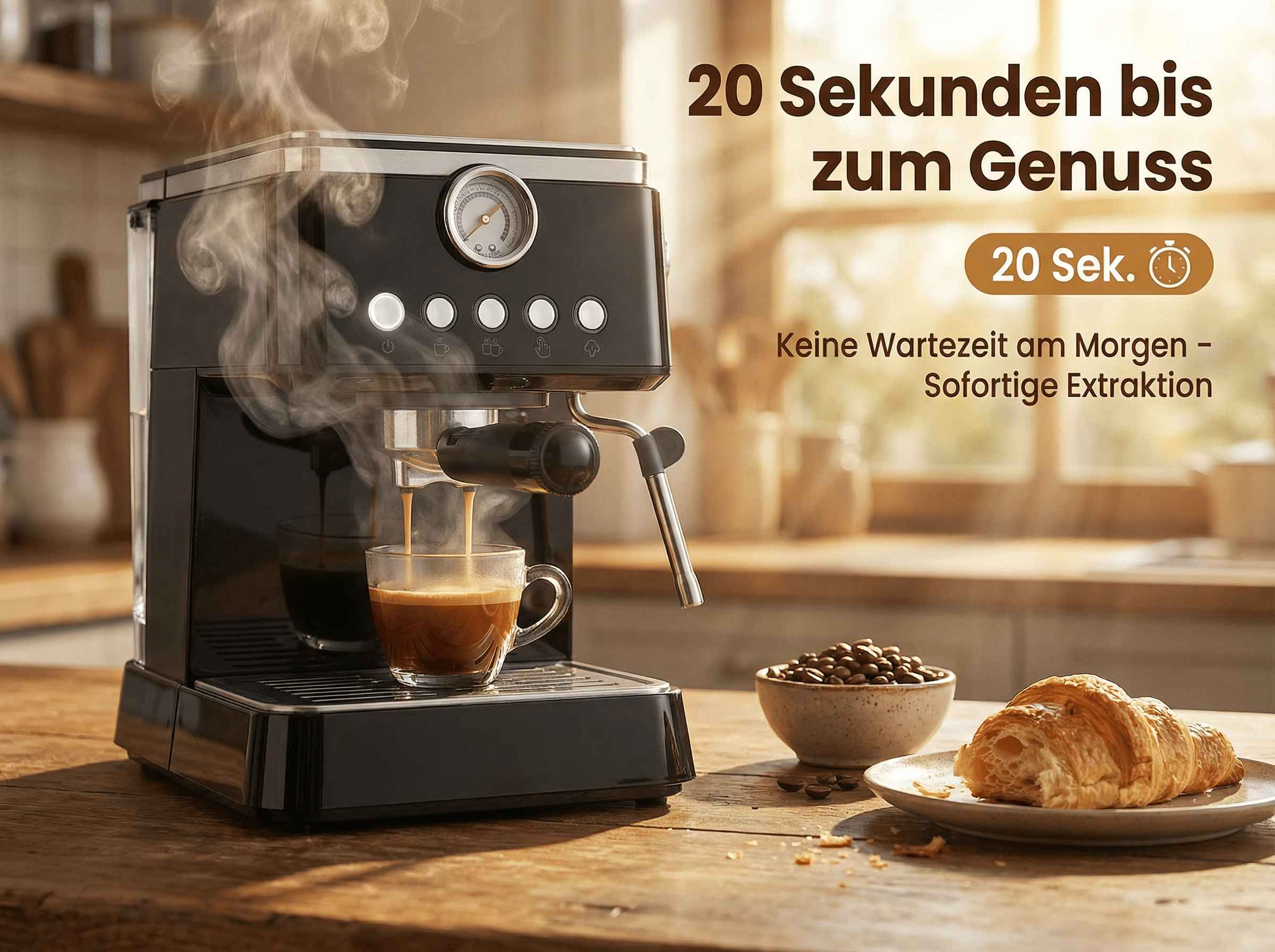 Eine schwarze Espressomaschine brüht Kaffee in eine Tasse. Daneben liegen Kaffeebohnen und ein Croissant.