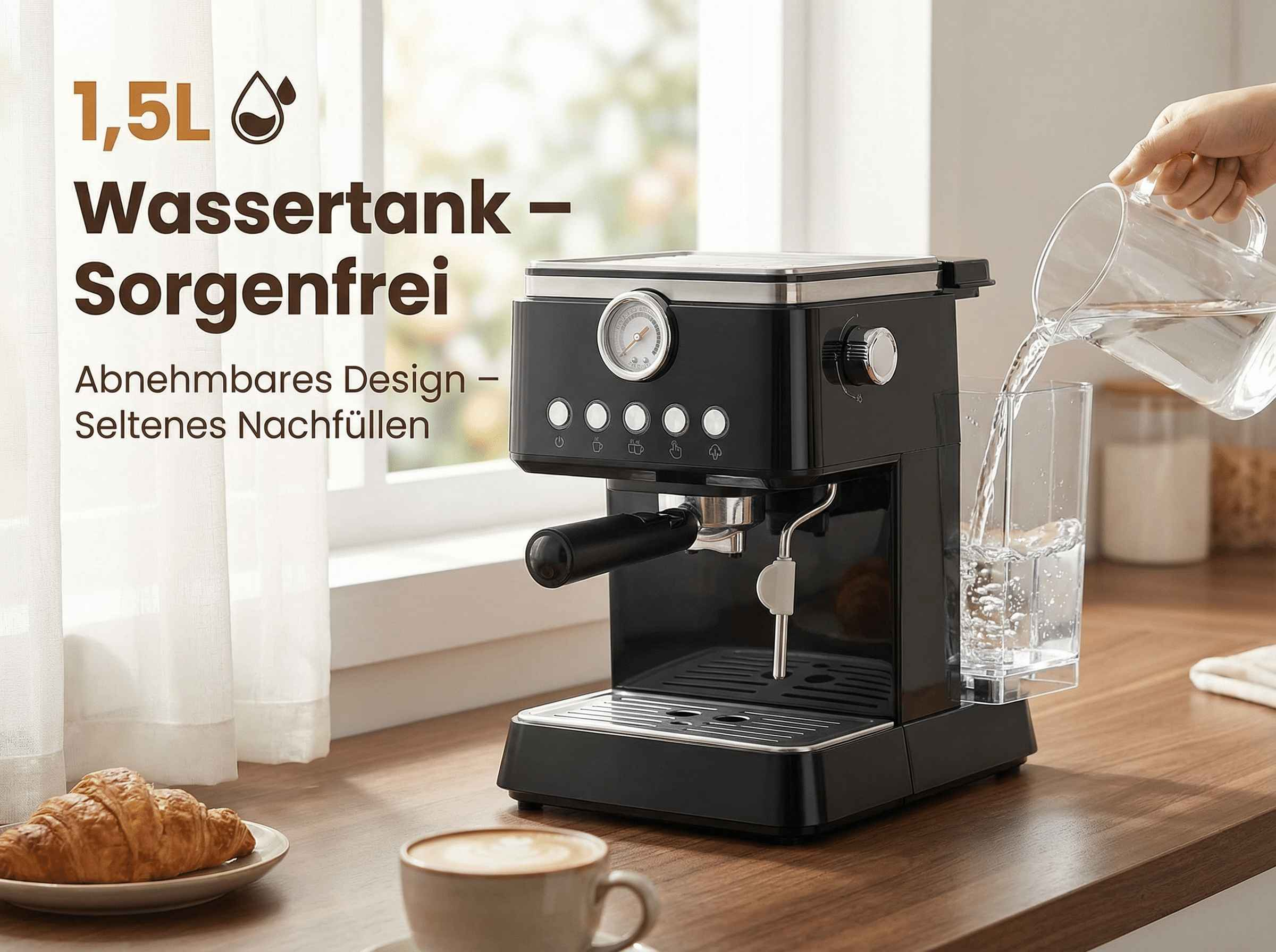 Eine schwarze Espressomaschine wird mit Wasser aus einer Glaskaraffe befüllt.