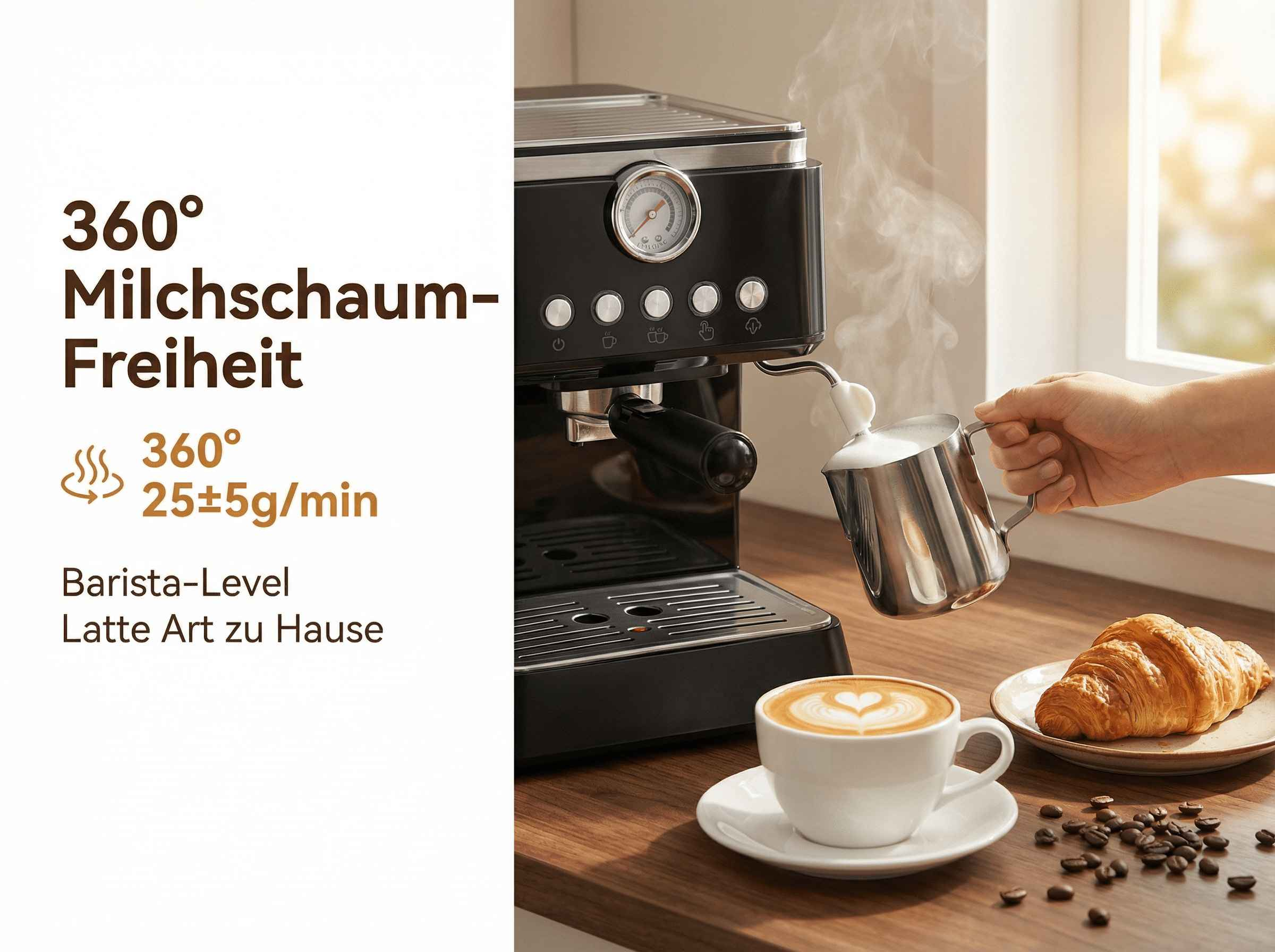 Kaffeemaschine mit heißem Dampf, einer Tasse Latte und einem Croissant.