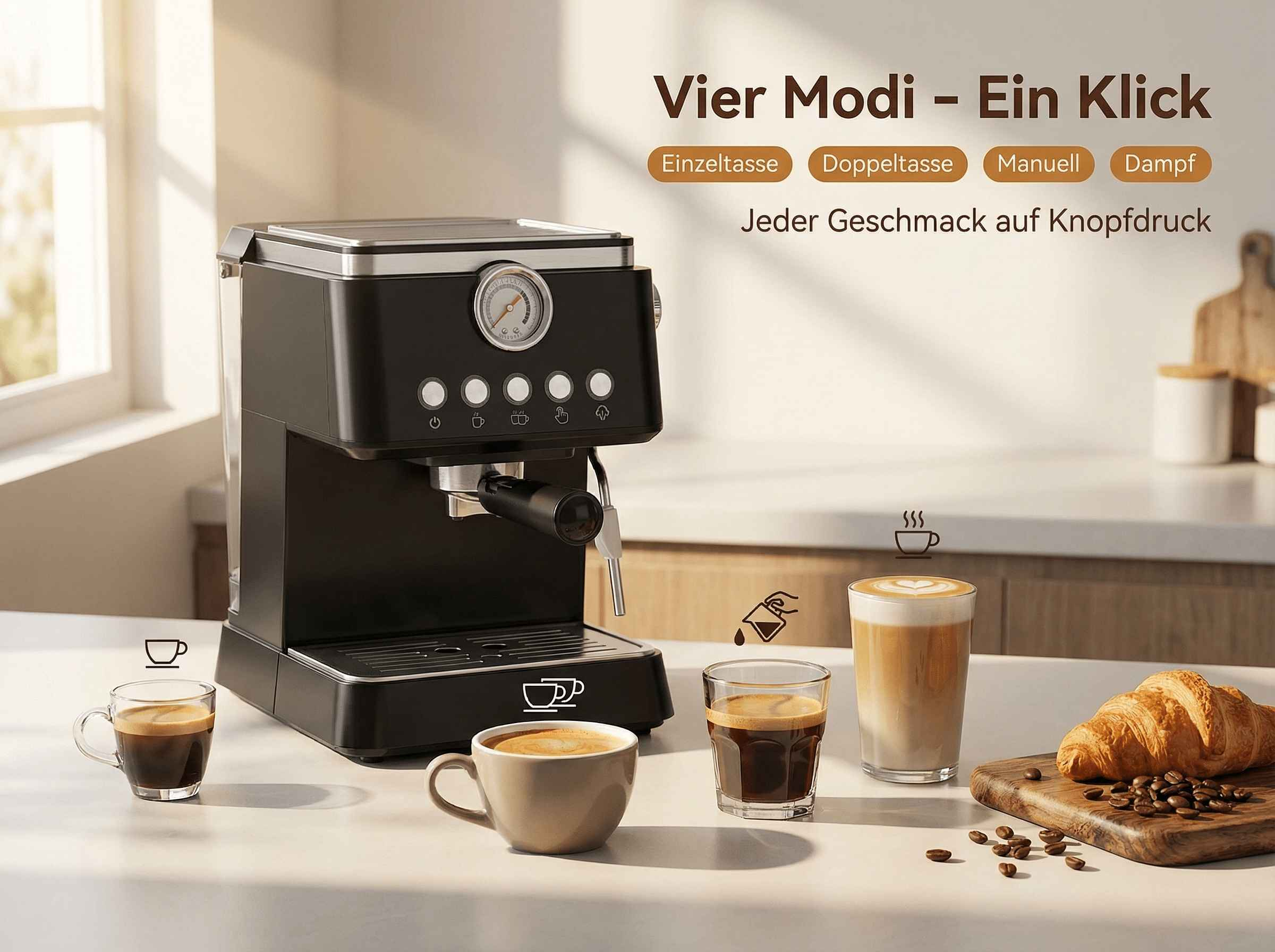 Eine schwarze Kaffeemaschine mit verschiedenen Kaffeesorten und einem Croissant.
