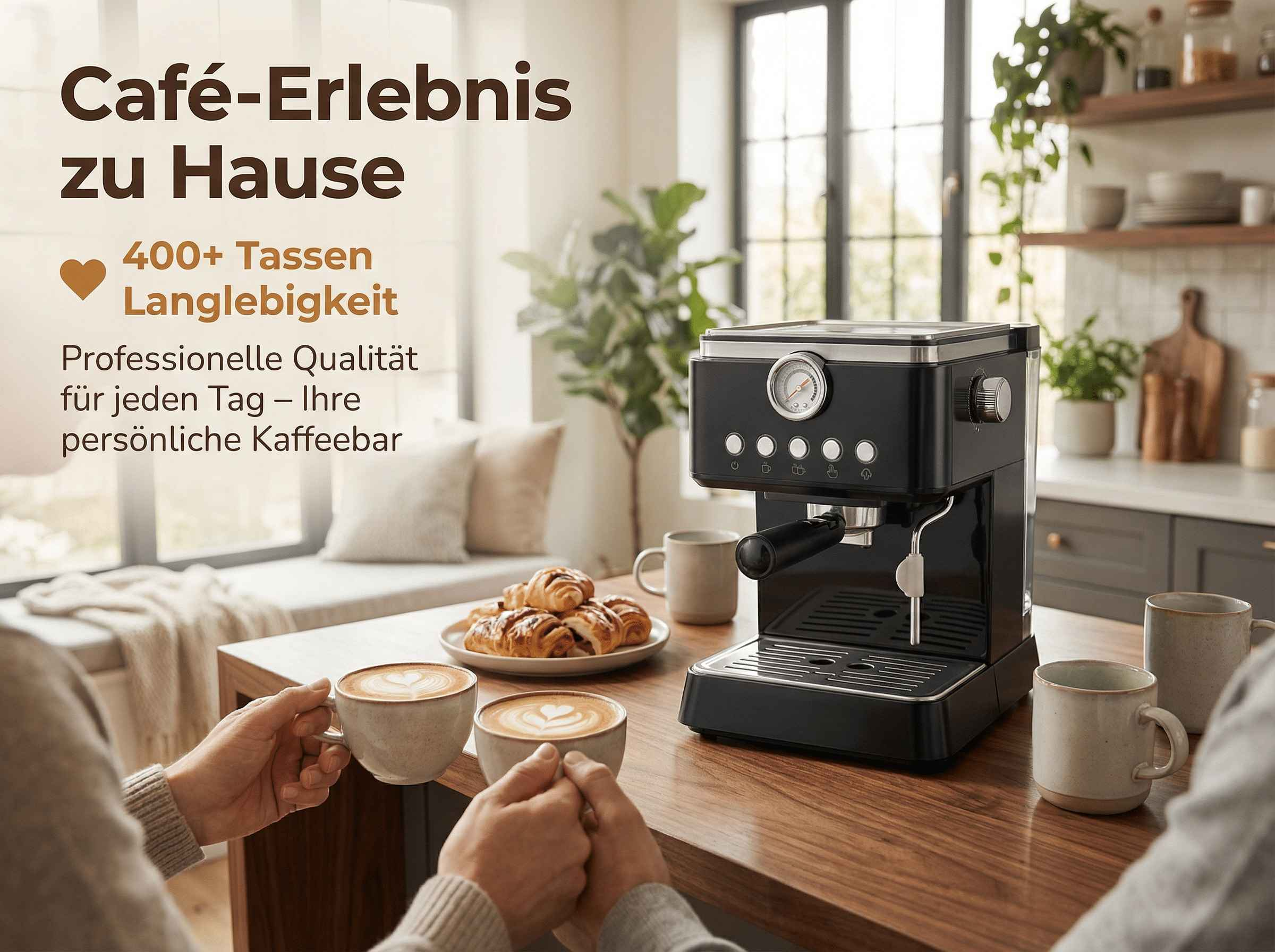 Eine schwarze Kaffeemaschine steht auf einem Holztisch mit Kaffee und Croissants.