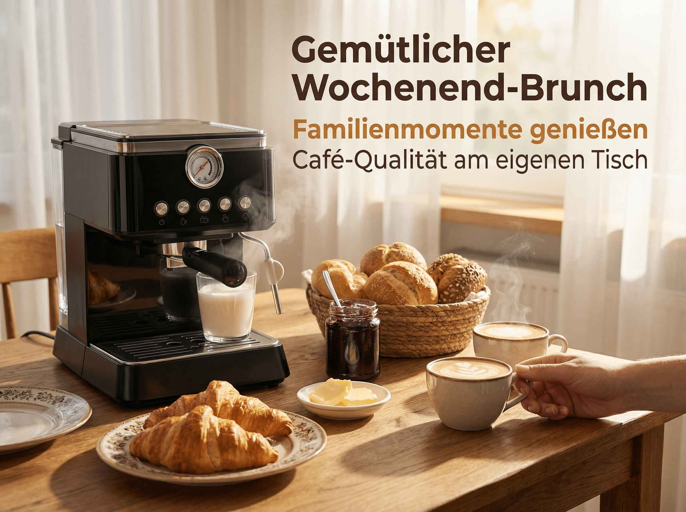 Eine Kaffeemaschine brüht Kaffee neben Croissants, Brötchen und Marmelade.