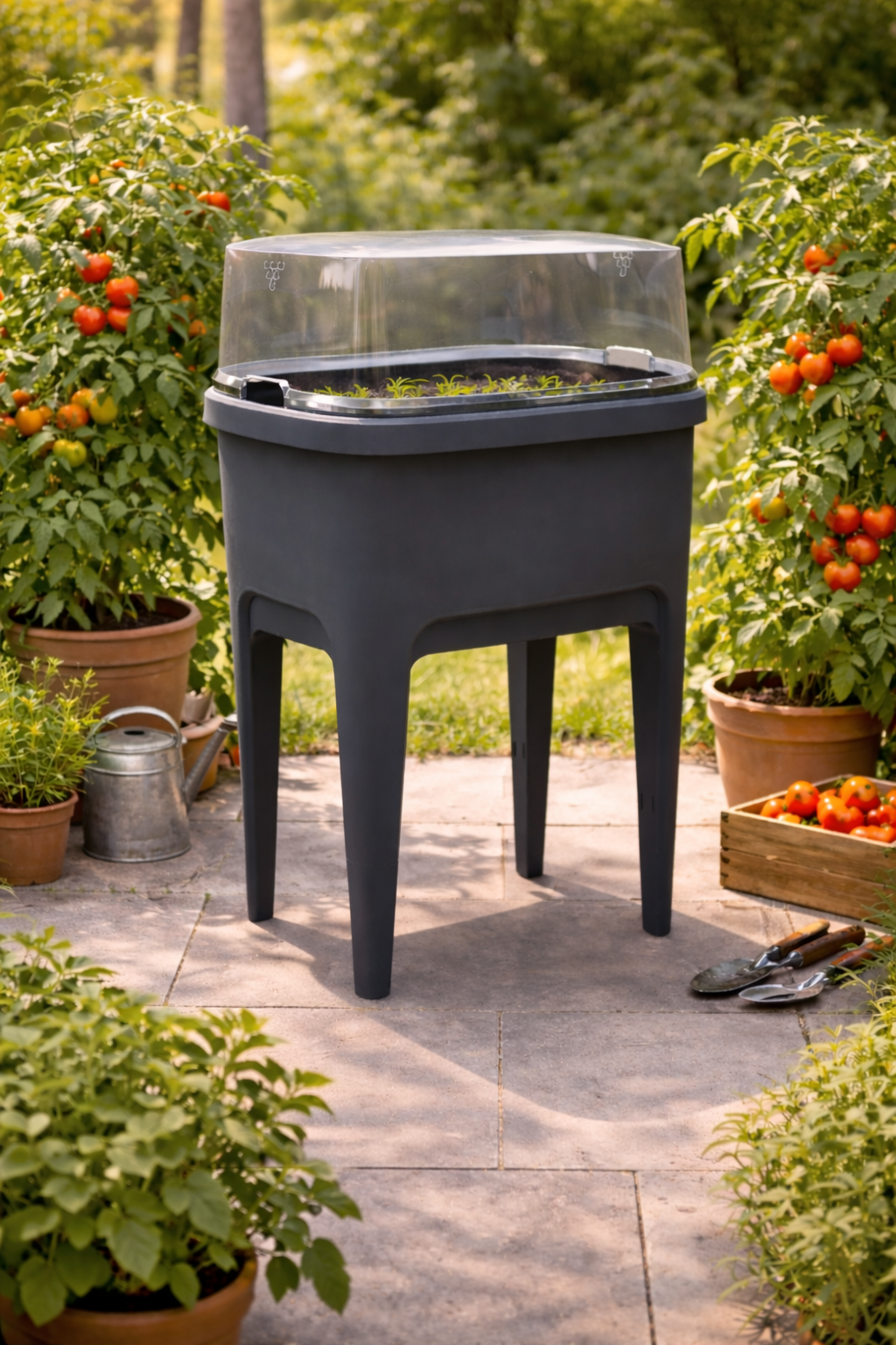 Ein dunkler Hochbeet-Anbauschrank mit transparenter Abdeckung, umgeben von Tomatenpflanzen.
