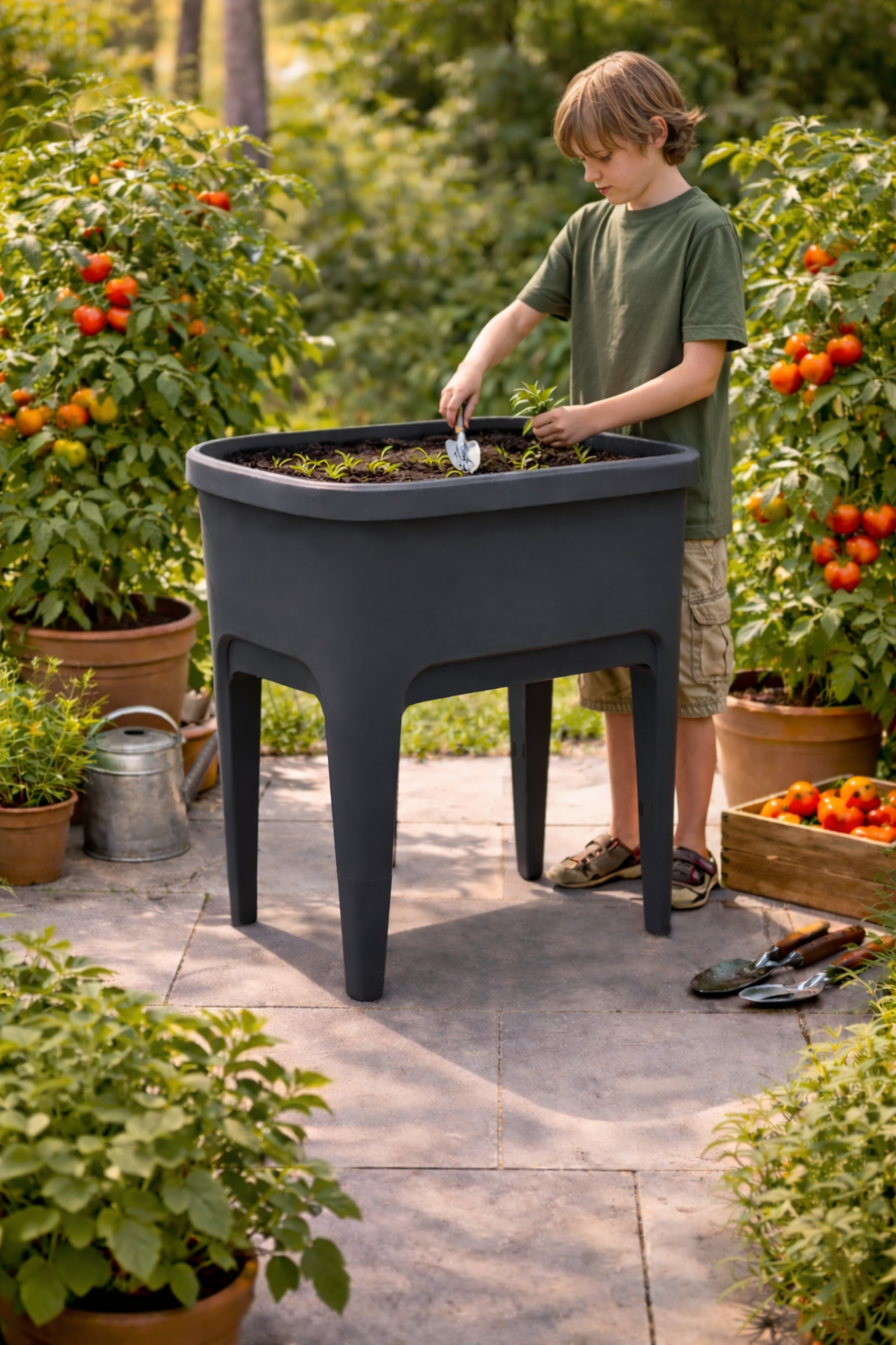 Junge pflanzt in Hochbeet neben Tomatenpflanzen. Gartengeräte in der Nähe.