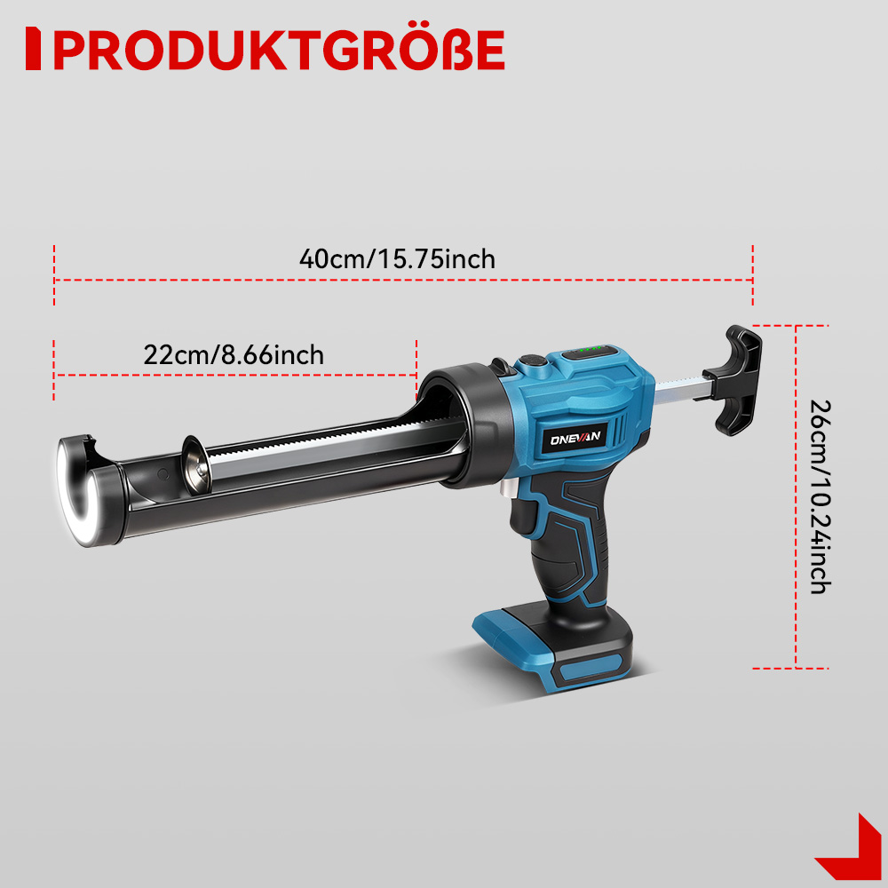 Pistola de calafateo a batería azul con dimensiones: 40cm, 22cm, 26cm.