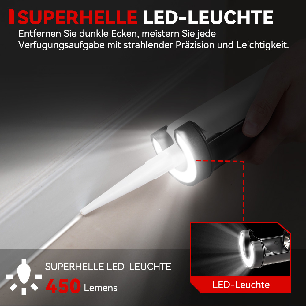 Una mano sostiene una linterna LED brillante que ilumina un área estrecha.