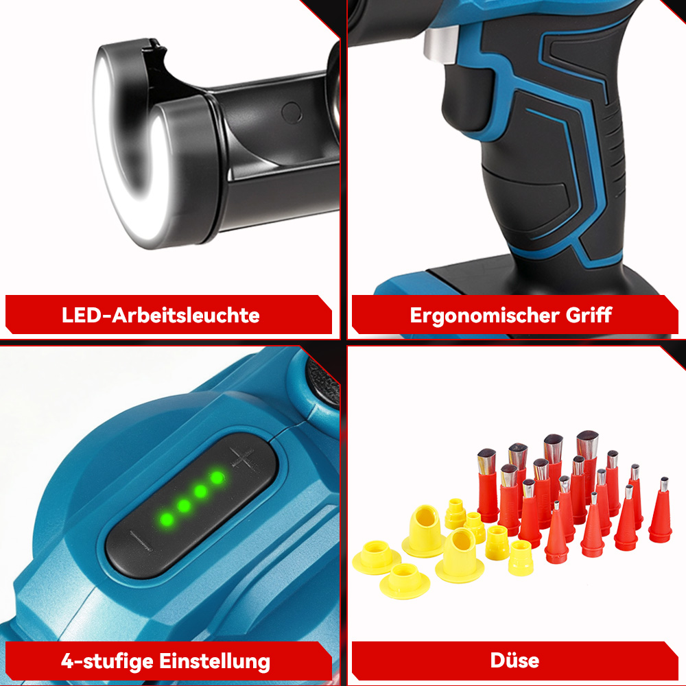 Vier Bilder zeigen einen Akkuschrauber: LED-Licht, Griff, Batteriestatus, Zubehör.