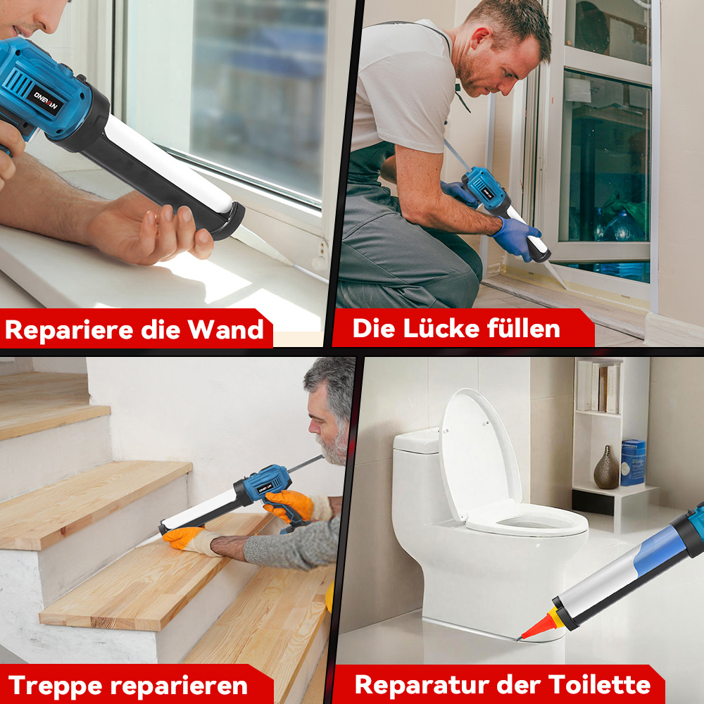Vier Szenen zeigen Reparaturen mit Dichtpistolen: Wand, Lücke, Treppe, Toilette.