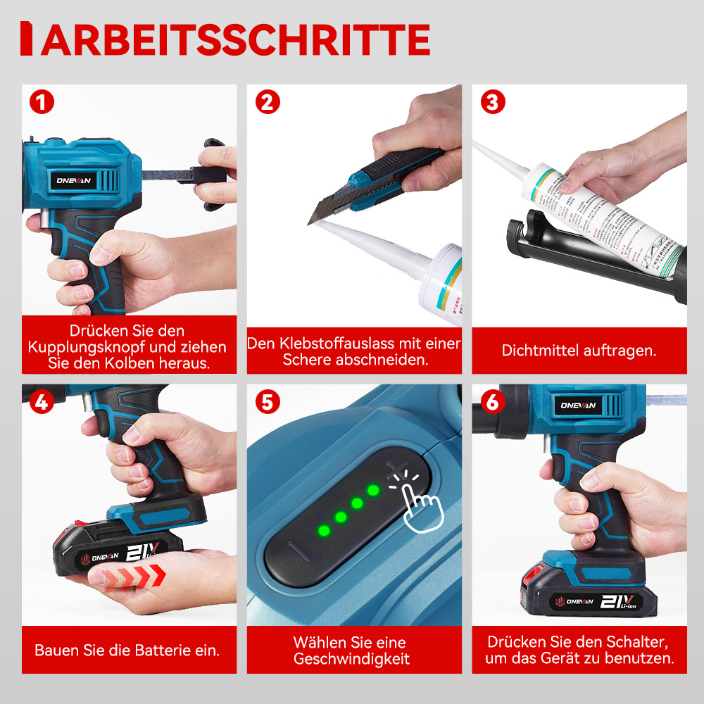 Seis pasos para una herramienta: Sacar émbolo, cortar boquilla, aplicar sellador, insertar batería, seleccionar velocidad, usar dispositivo.