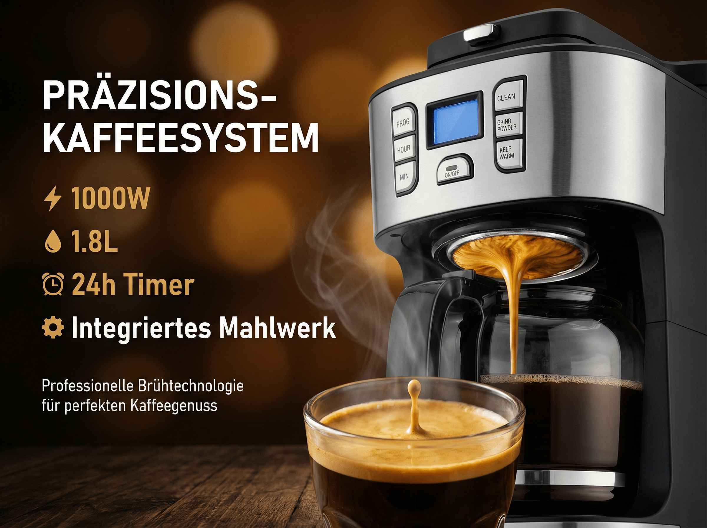 Kaffeemaschine mit integriertem Mahlwerk brüht Kaffee in eine Tasse.