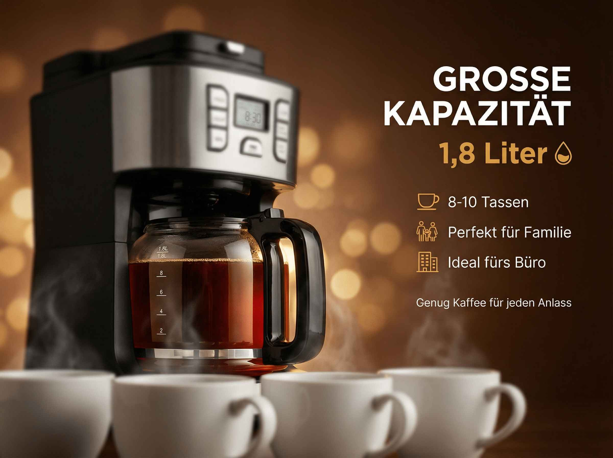 Eine Kaffeemaschine mit Glaskaraffe, die Kaffee brüht, daneben drei Tassen.