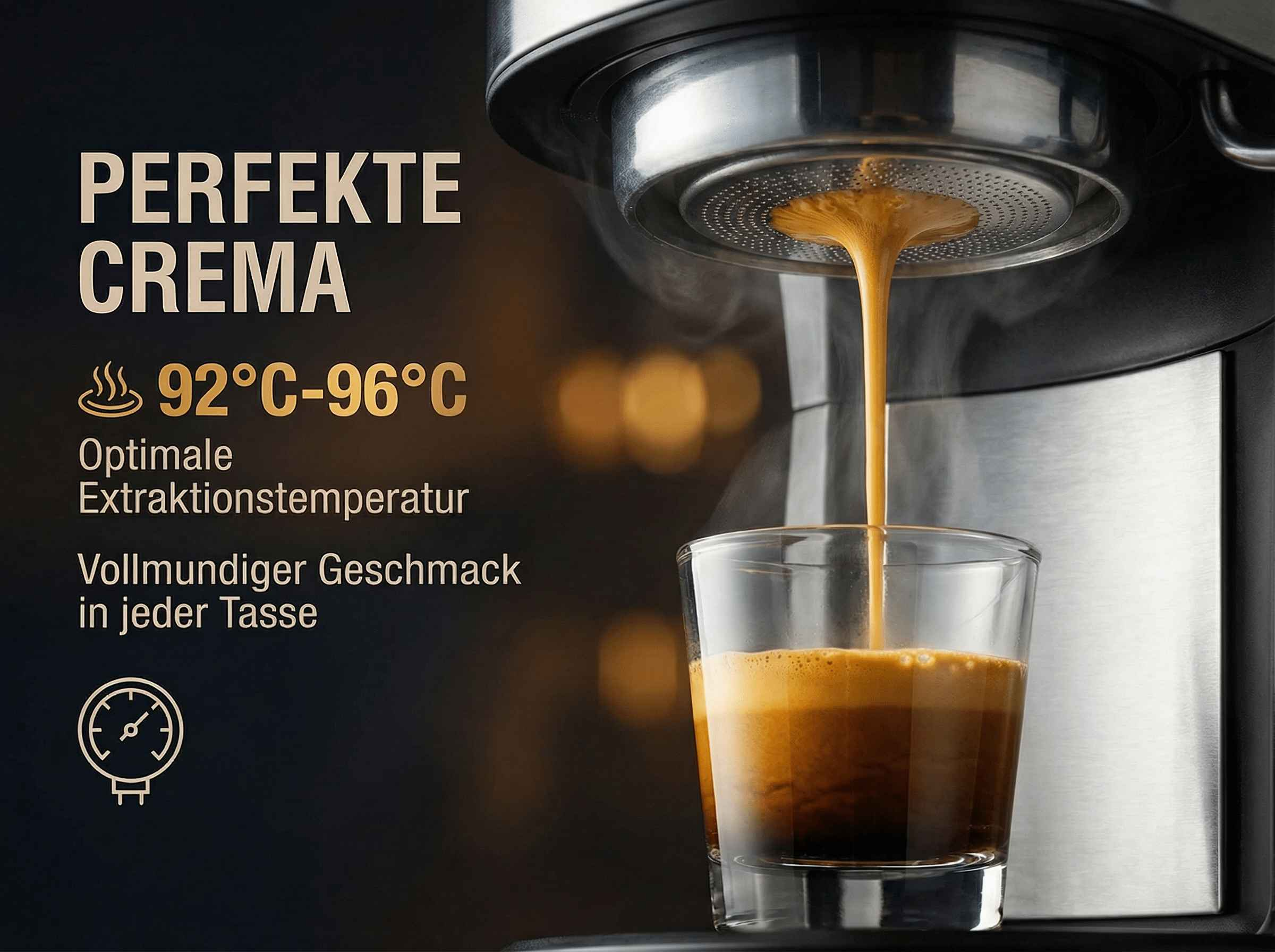 Espressomaschine brüht Kaffee in ein Glas mit perfekter Crema.