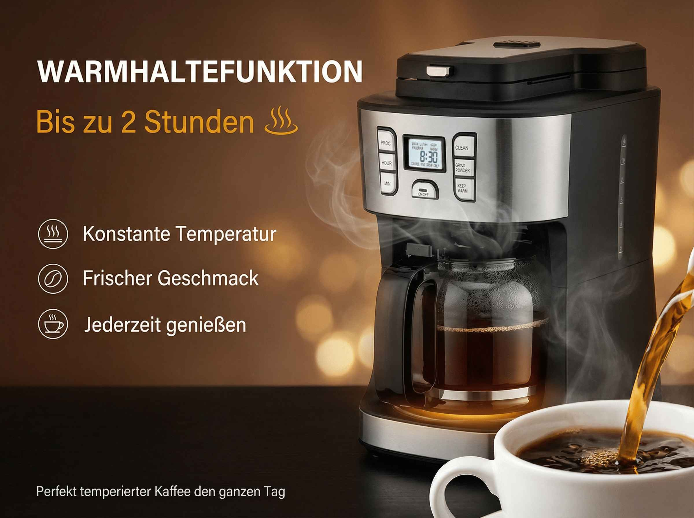 Kaffeemaschine mit Warmhaltefunktion, Brüht Kaffee in eine Tasse.