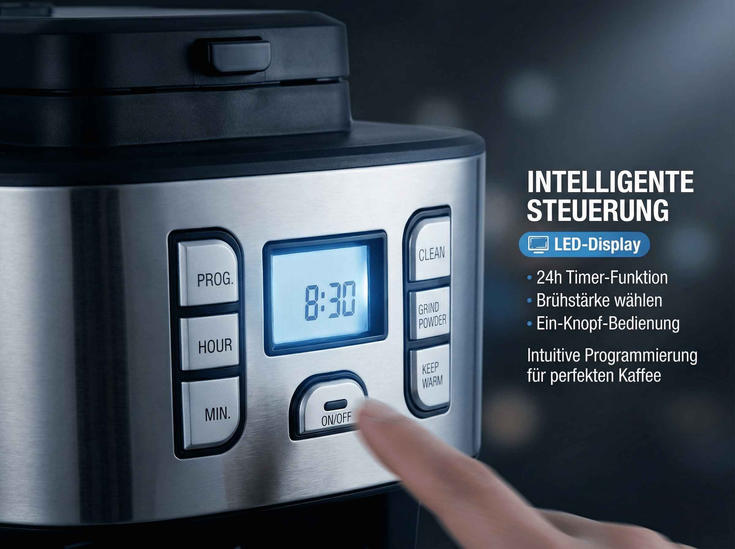 Nahaufnahme einer Kaffeemaschine mit einem Finger, der die Ein/Aus-Taste drückt.