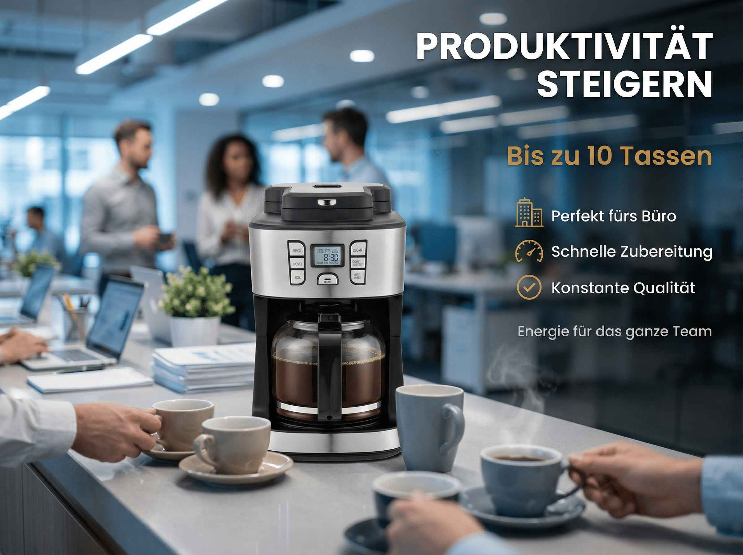 Kaffeemaschine im Büro mit dampfenden Tassen und Text über Produktivität.