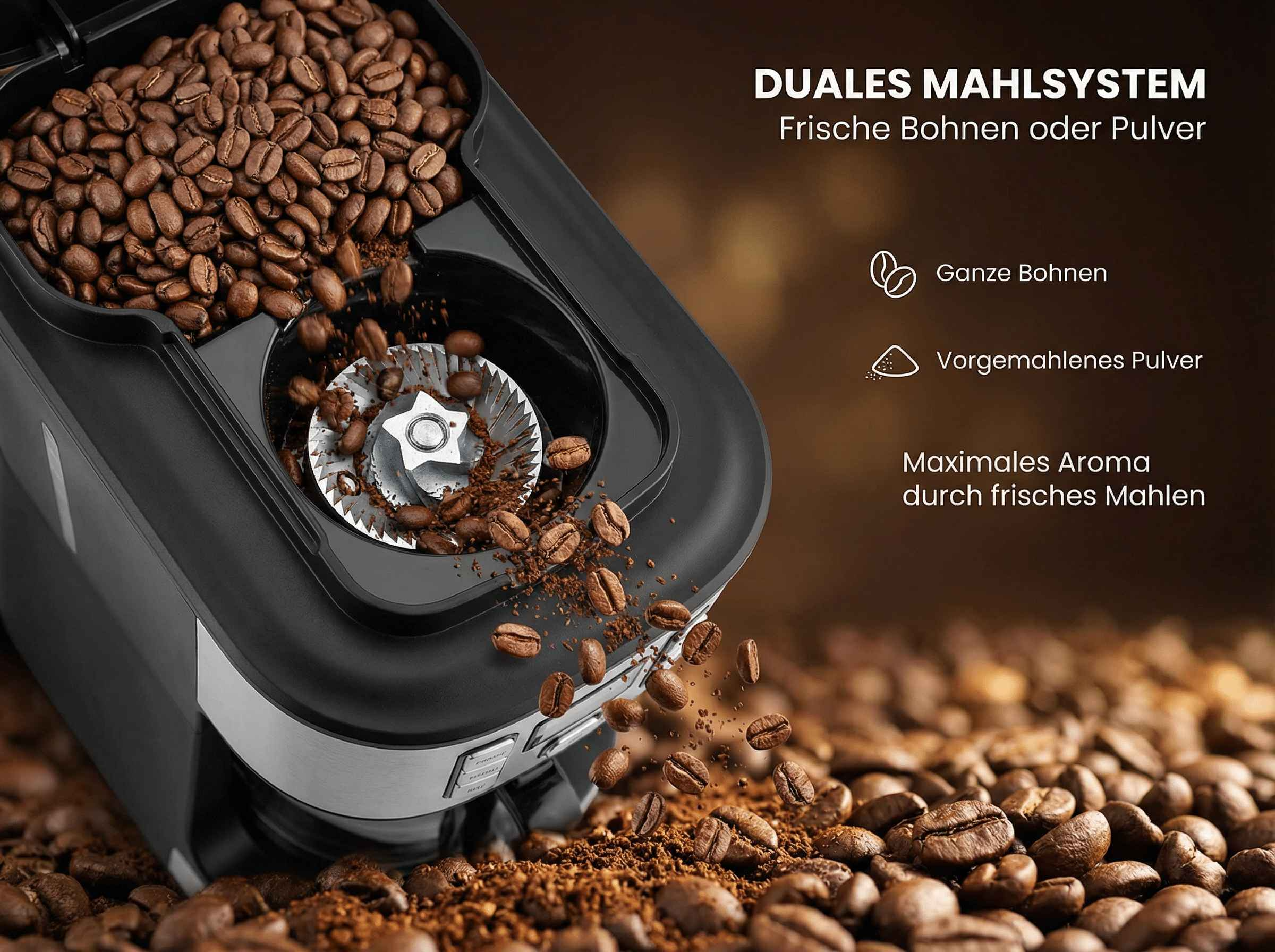 Kaffeemühle mit ganzen Bohnen und frisch gemahlenem Kaffee.