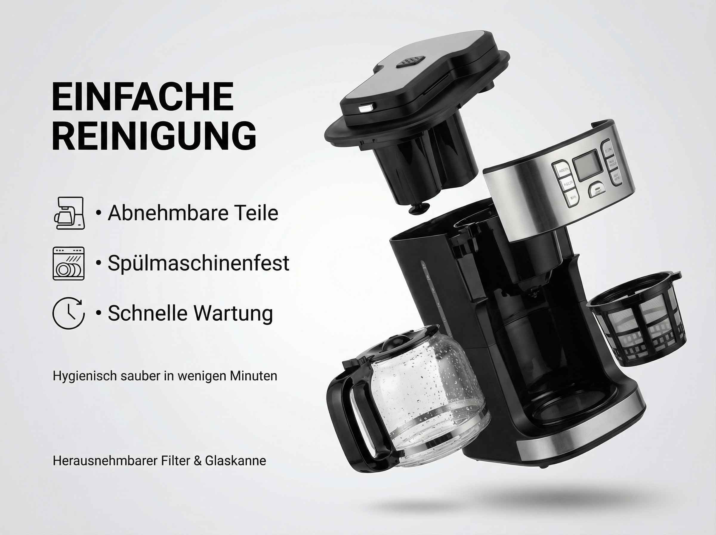 Kaffeemaschine mit abnehmbaren Teilen, spülmaschinenfest und wartungsarm.