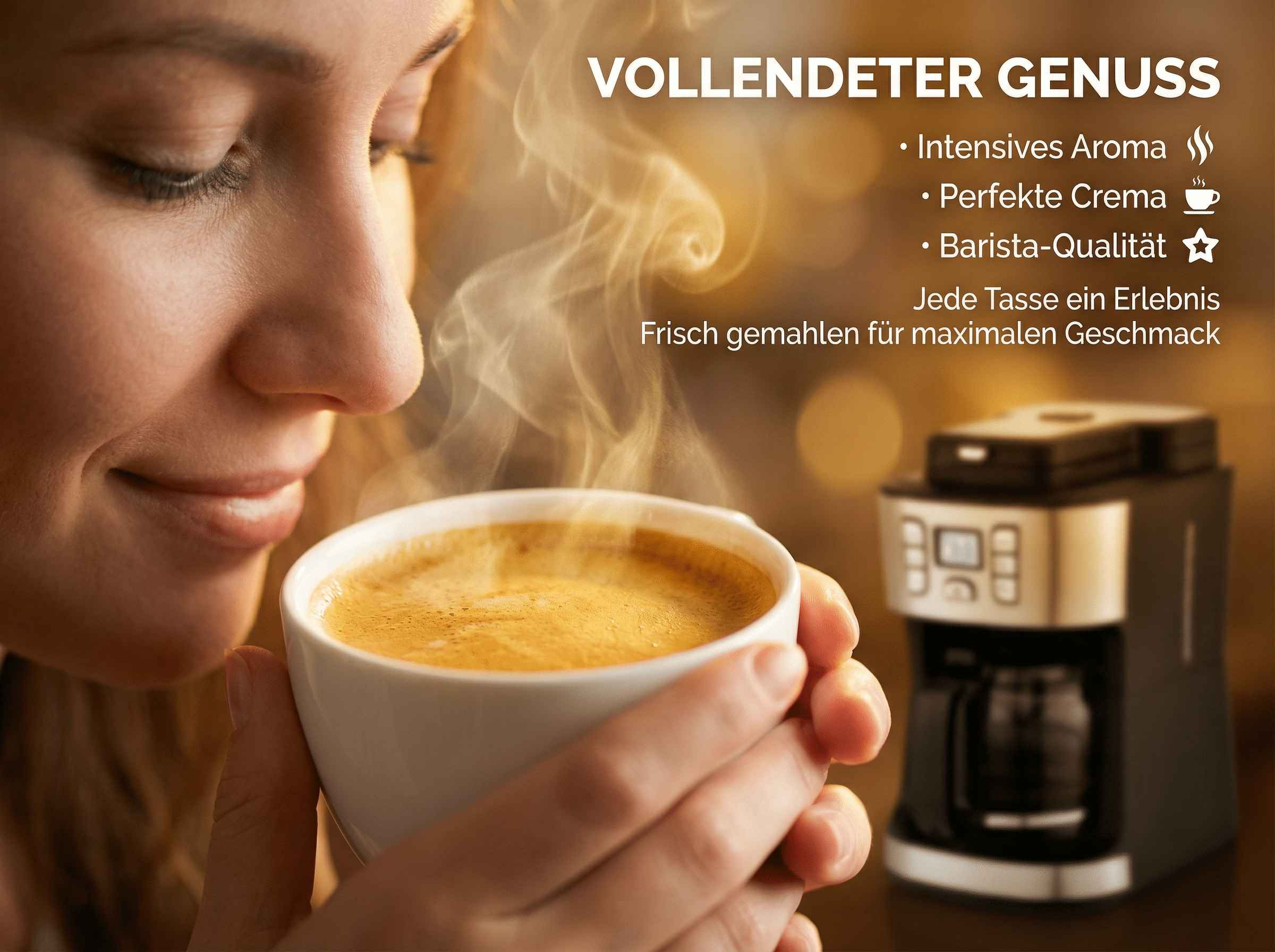 Eine Frau riecht an einer dampfenden Tasse Kaffee neben einer Kaffeemaschine.