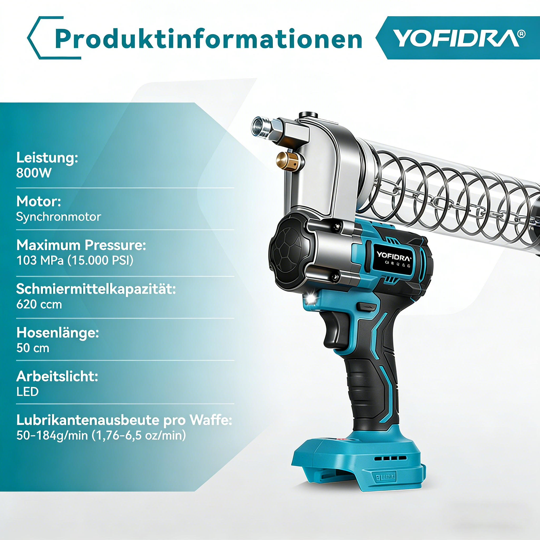Ein blau-schwarzer Akku-Fettpressen-Schlauch mit Produktinformationen.
