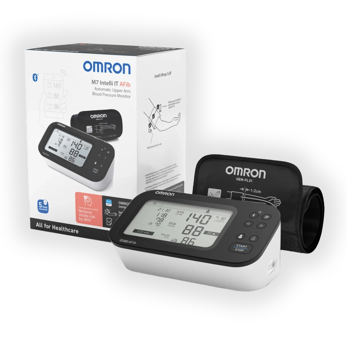 Ciśnieniomierz Omron z mankietem i pudełkiem. Wyświetlacz pokazuje odczyty.