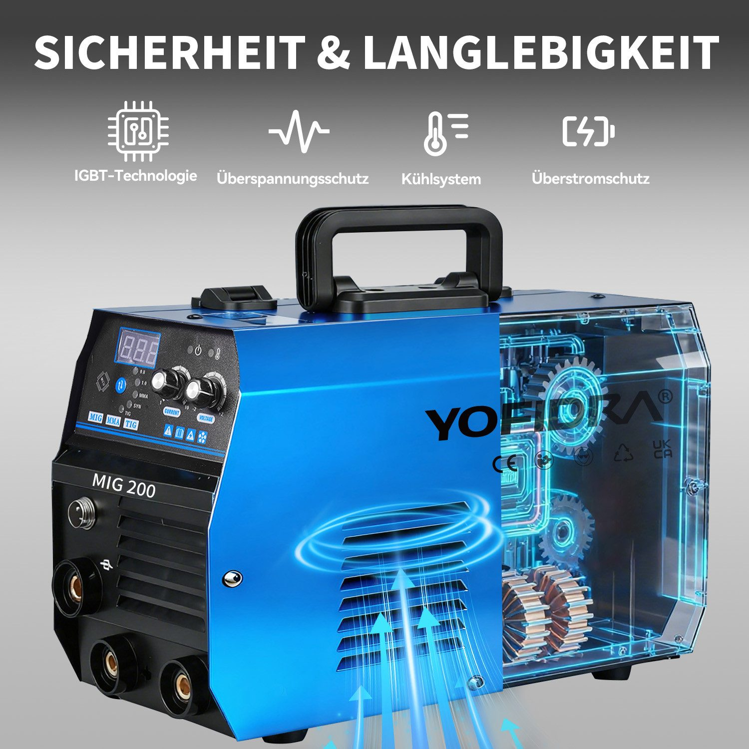 Ein blauer Schweißinverter MIG 200 mit transparentem Gehäuse, das Zahnräder zeigt.